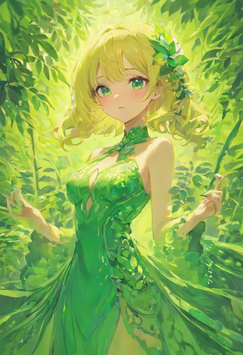 A woman in a green dress standing in a forest - SeaArt AI
