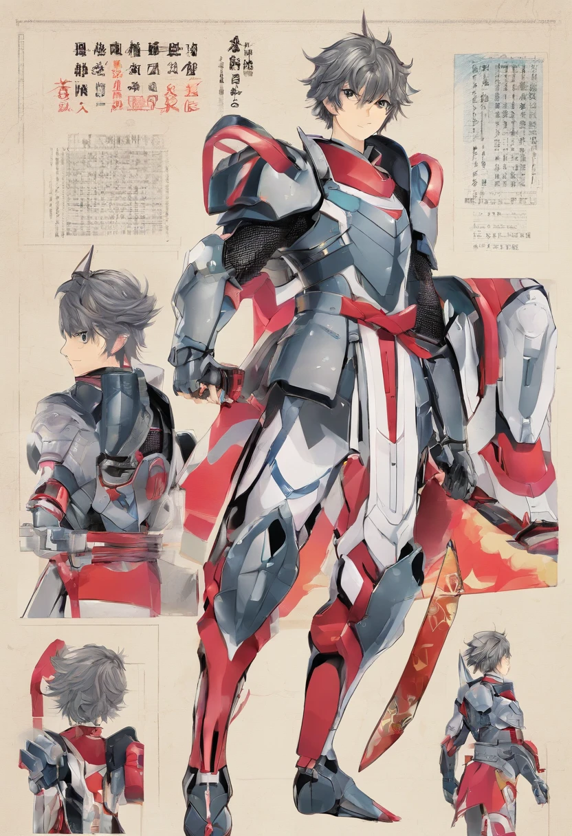 Concept art of a 16-year-old male character in traditional Japanese armor with 6 panels of multiple poses, cabelo curto, altura mediana