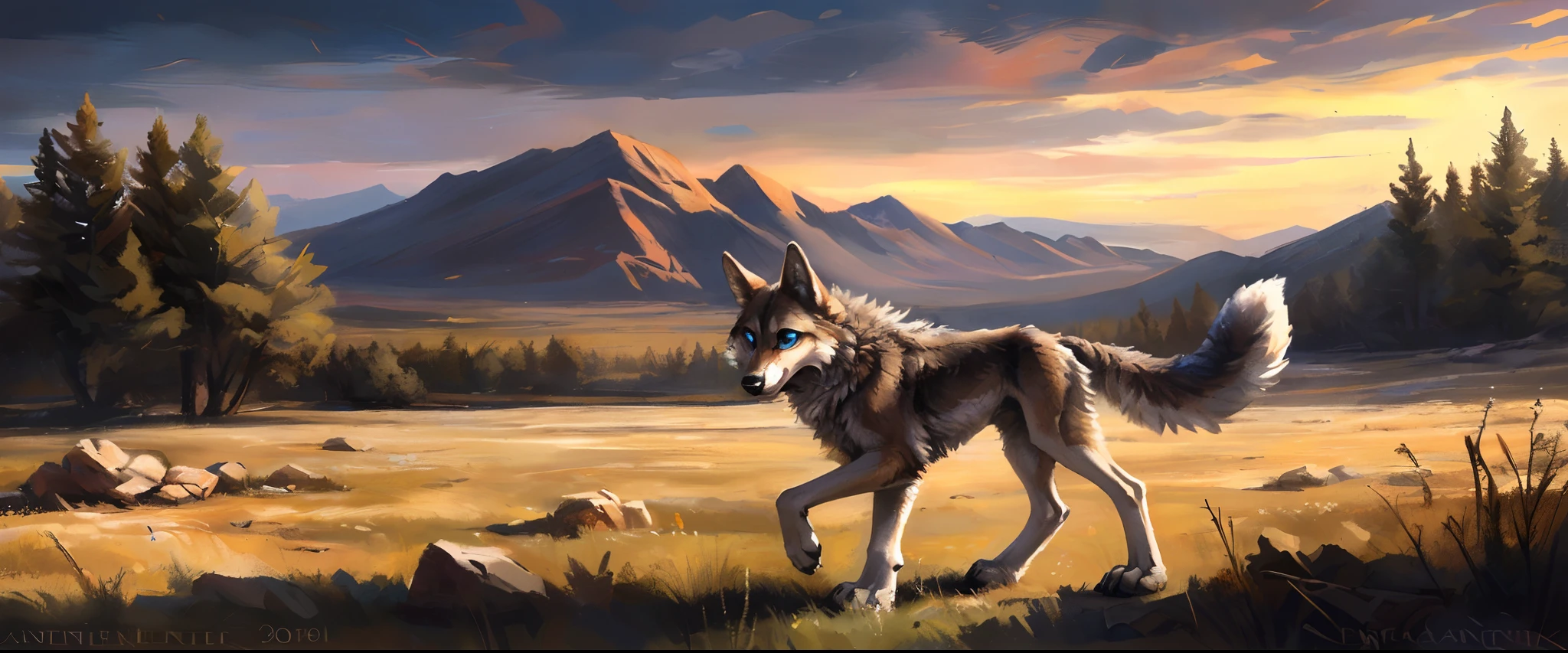 ((Solo)), Male, coyote, (Multi-colored fur, White-brown:1.3,White tail pointed), ((Wolf face, White hair, Big eyes, White eyelids, Blue pupil, Slim:1.2) (Tough, Calm expression:1.2)), Robust,Slim, pinging)), (Correct body anatomy), A big tail,Feet,Longer torso,Well-proportioned limbs,(Realistic fur, Detailed fur texture, labeled:1.3)), (Natural lighting), Photorealistic, Hyperrealistic, ultradetailed, by Kenket,Naked all over the body,Endless grasslands,Walking