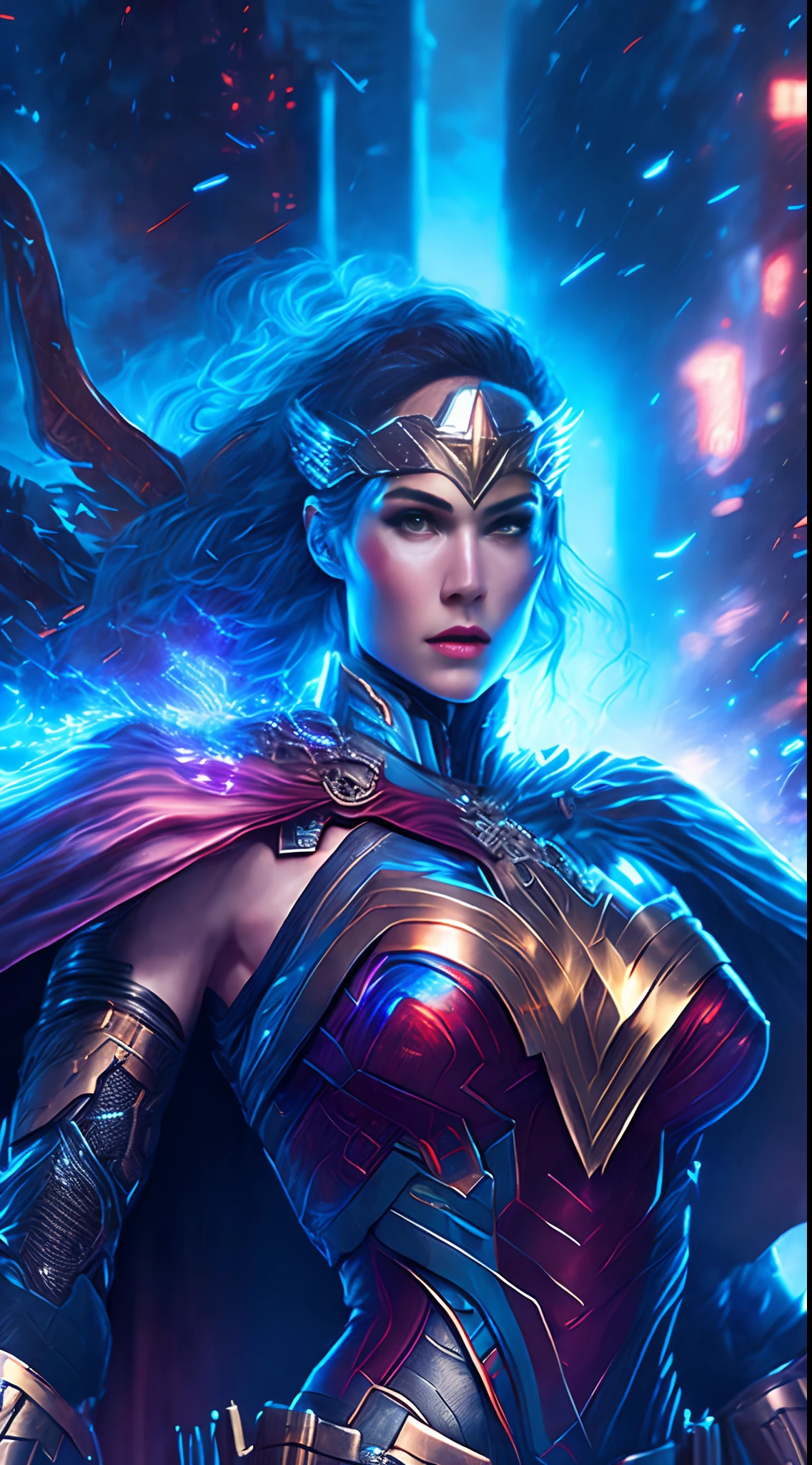 gloomy portrait of God Cyborg wonder woman from DC, extremely detailed, futuristic cityscape, nighttime, glowing neon lights, smoke, sparks, metal shavings, flying debris, blue energy effects, volumetric light, cowboy shot, holding shield and sword.