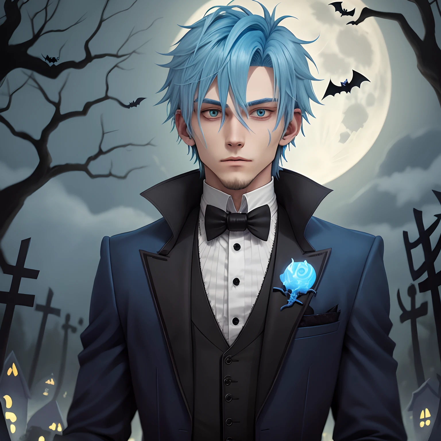 Halloween、lightblue hair、1 male human、graveyard、natta、fullmoon、20yr old、the bats、tailcoat、Black clothe