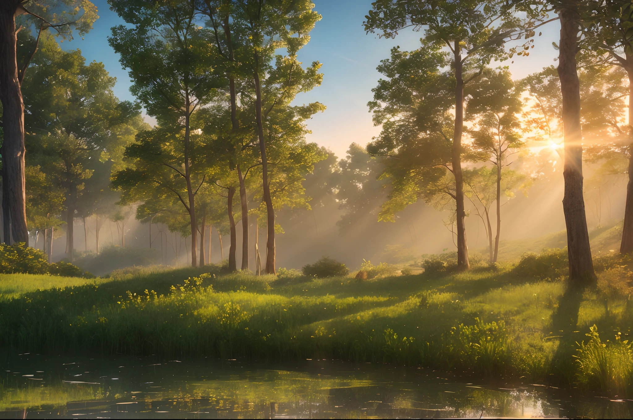 sunset, golden tones, forest lit by sun rays, photorealistic, rtx, hdr, unreal engine, digital art widescreen 8 k, studio ghibli, disney film, ambient lighting reflections --auto --s2