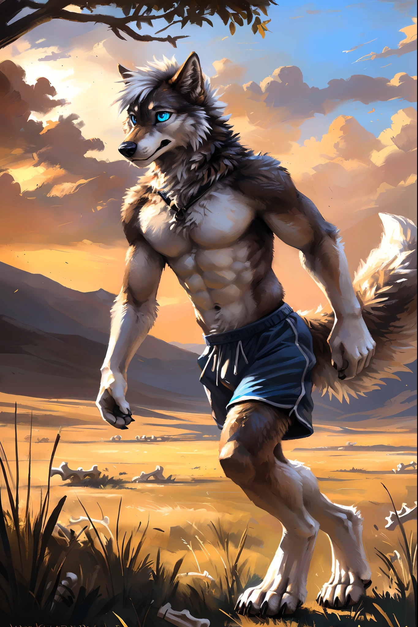 ((Solo)), male people, anthro wolf, (Multi-colored fur, White-brown:1.3，White tail pointed), ((Wolf face, White hair, Big eyes, White eyelids, Blue pupil, Slim:1.2) (Tough, Calm expression:1.2)), Abs, Slim, pinging)), (Correct anatomy), (Work shorts:1.1), (Contour bone:1.2), The upper body is naked, (detailed outfits),A big tail，Feet，(Realistic fur, Detailed fur texture, labeled:1.3)), (Natural lighting), Photorealistic, Hyperrealistic, ultradetailed, by Kenket，Endless grasslands，No artificiality，erect through，Running on