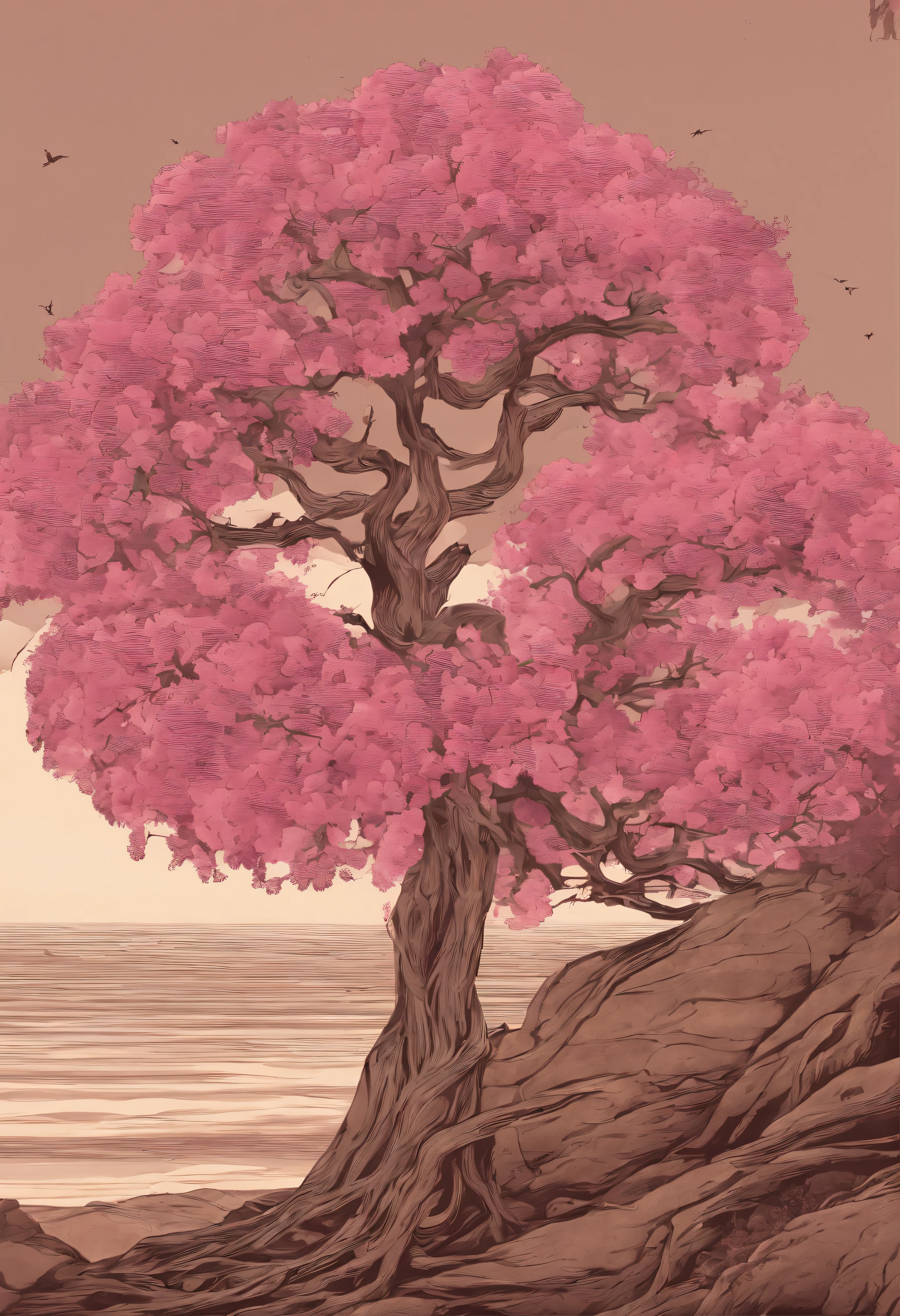 Ein erstaunlicher rosa Baum auf einem Felsen am Strand, im Stil der realistischen Darstellung von Licht, Durchgang, Vom Glauben inspirierte Kunst, Abandoned rooms, Lichtdurchflutete Szenen, Immersive Umgebungen, Blumen- und Naturmotive --AR 14:25