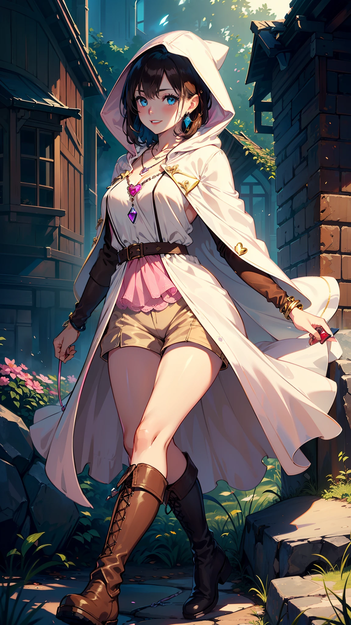 masutepiece, ultra-detailliert, 8K Portrait, Raw photo, a portrait photo of, Highly detailed face, beautiful and meticulous eyes, ((Fantasy)), Young beautiful,  girl, Light brown short hair, Kind face, Cute smile, adventurer, (((Hooded))) (((White silk long cape))) Fluttering in the wind, (((Brown Shirt Dresses))), (((Dark brown shorts))), ((Leather boots)), (((Pink Heart Necklace))), One-sided blue earrings, ((Single Sided Blue Jewel Bracelet)), Holding a bottle of maple syrup, Midday Sun, Hyper realistic, Body model, tiny chest, beutiful breast, Long legs, in a castle, Camera focus on face, Ambient lighting, Shadow details, strong breeze, Light fog