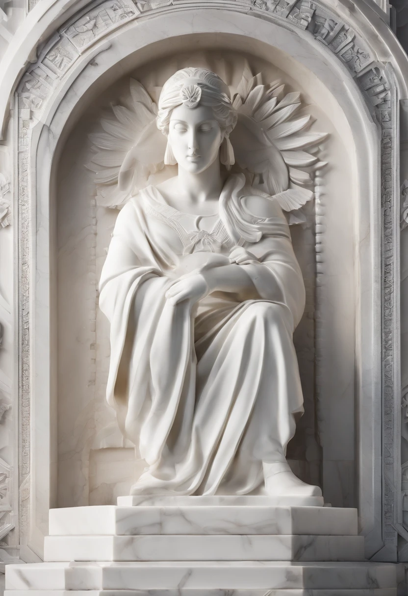 white marble statue, escudo grego, Injury emblem. atmosfera escura, alto contraste de luz e sombra, fotografia profissional, utrarealista, light volumetric, cinemactic