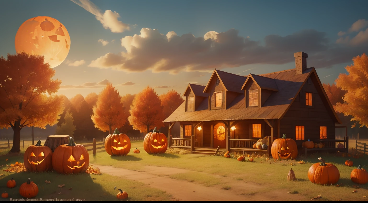 scene representing the month of ((october)), pumpkin patch, halloween decorations, fall foliage, costume planning, crisp air, harvest moon. ((cinematic style))