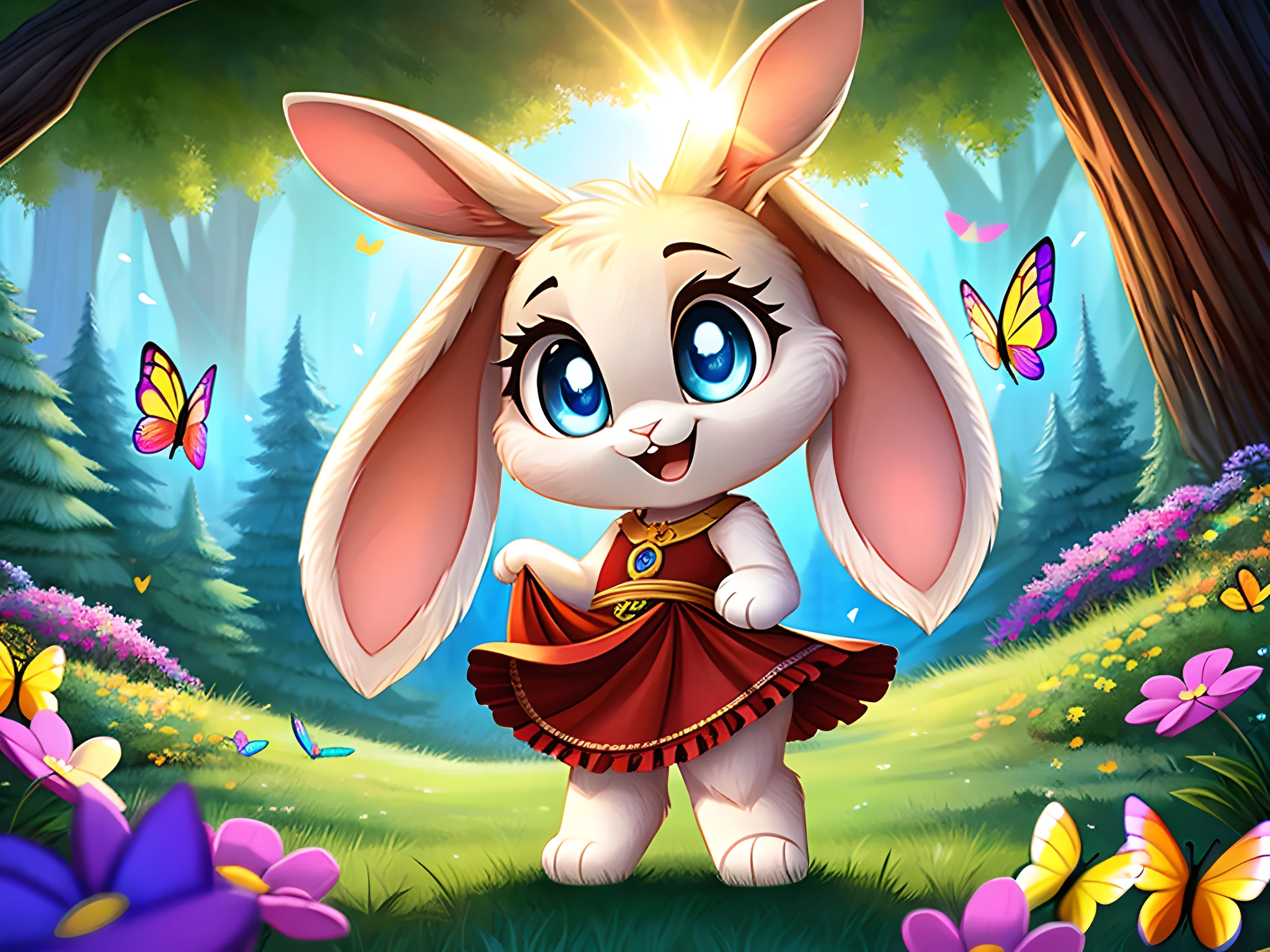 zoomed out image, fantasy style art, cute, adorable, short, tiny, little fluffy female white bunny with blue eyes, 2 extra ears, 4 ears, big floppy ears, long ears, ears perked up, raised ears, long eyelashes, poofy rabbit tail, smiling, standing in a thick redwood forest, wearing a red frilly dress, big expressive smile, open mouth, wide eyes, excited eyes, excited face, stunning visuals, sunlight coming through the trees, colorful flowers scattered in the bushes, colorful butterflies flying around, digital illustration
