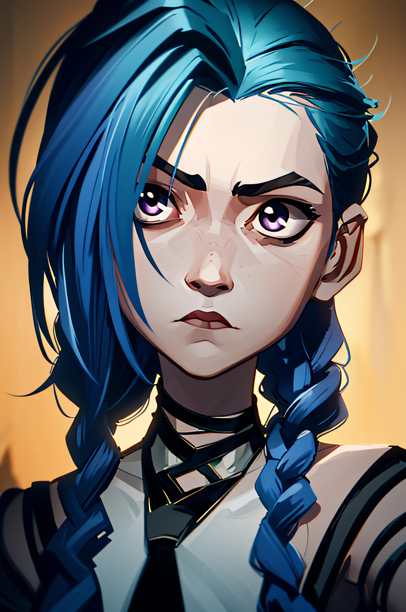 (masterpiece, best quality), 1girl, beautiful face, makima, braid, braided ponytail, necktie ,red purple eyes, Jinx weint vor der Kamera, Blaue Wolke Tattoo, (Meisterwerk, best quality), Seitliche Beleuchtung, beautiful detailed eyes, sad face), (best quality), (Meisterwerk), Magische Fotografie, Dramatische Beleuchtung, Fotorealismus, Ultra-detailliert, intimate portrait composition, Leica 50mm, Formel 1. 4,8K UHD, DSLR, aesthetic, 64 Tsd., hight resolution, 8K, Beste Ausleuchtung, Bester Schatten, Ultra-HD, hight resolution, Scharfer Fokus, Komplizierter Hintergrund, Filmische Beleuchtung, ((Landschaftsansicht)), 4K-Einheit, (Beste Ausleuchtung), ((Filmische Beleuchtung)),