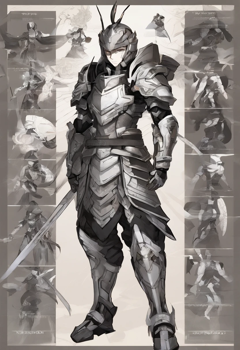 Concept art of a 16-year-old male character in traditional Japanese armor with 6 panels of multiple poses, cabelo curto, altura mediana, manga color pallet, blackscale and arm painting, volumeric lighting