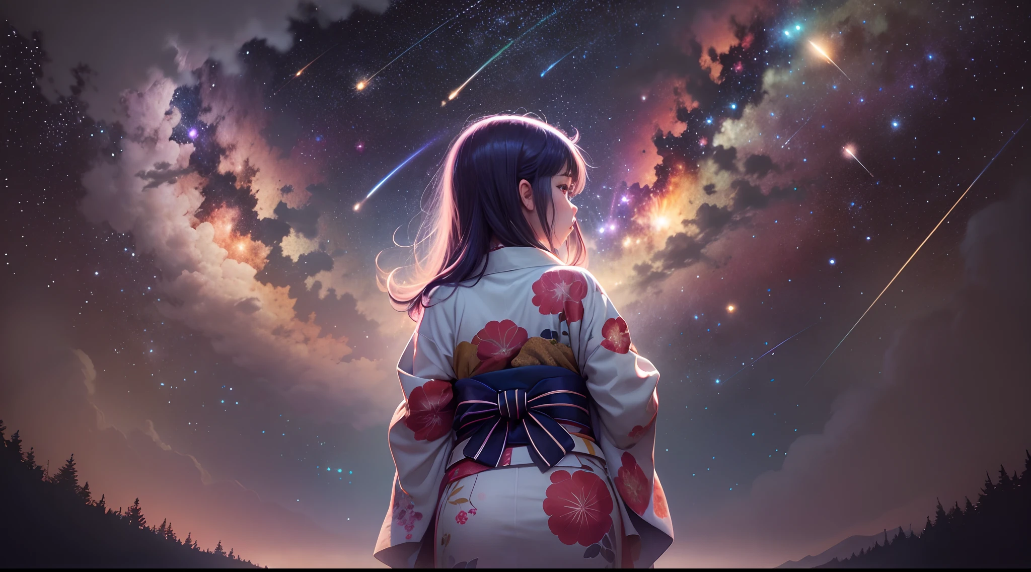 1fille, Distant girl wearing a kimono looking at the stars, (zoomed out:1.1), (meteor shower:1.2), (comet:1.1), Votre nom, very low angle, from behind, Aroura borealis, Shooting Star, Yukata, Kimono rouge, Cerisiers, debout dans un champ,Best quality, Masterpiece, nuage,colourfull, starry,stars,