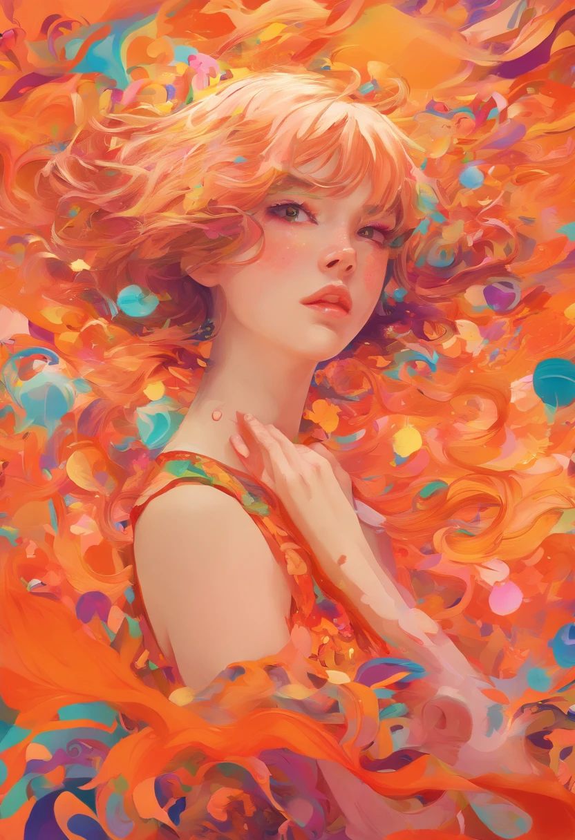 ((top-quality, 8K)), (Realistic), (Face Focus: 1.1), (orange colors: 1.3), Kawaii Girl, short-hair, 
Hair fluttering in the wind, Facing to the side, Look up at your face, Eyes closed, (Sleeveless: 1.1)、Skirt, D Cup Breasts,Countless petals are falling