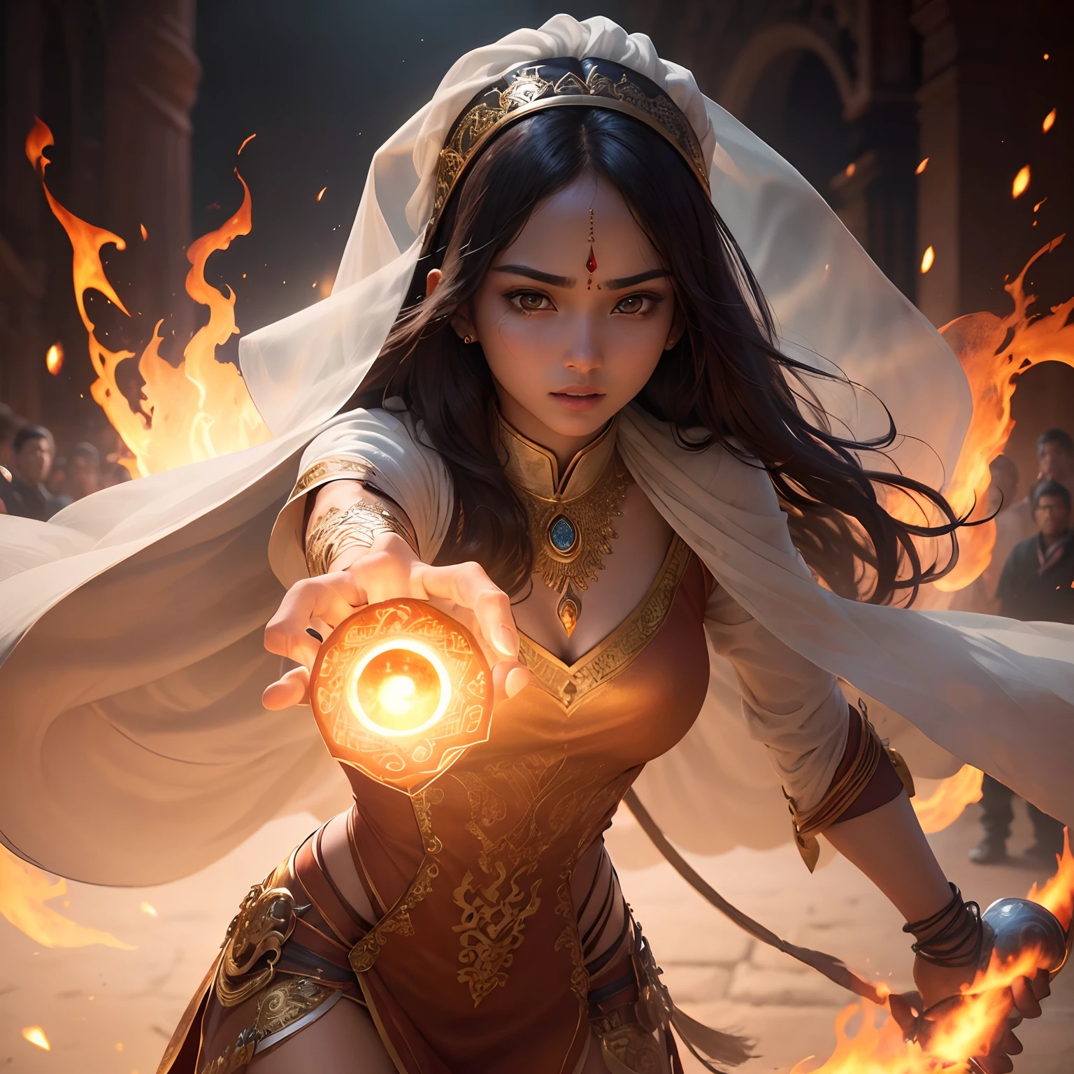 (Best Quality,Ultra-detailed,Realistic:1.37)、Indian cursers attack with flame magic、An 18-year-old woman、(Sharp eyes:1.5)、Aggressive look、Stylish oriental costume、Brown-skinned、a light veil on the head,、Radiates flames from the palm of your hand、magic circles、Full body