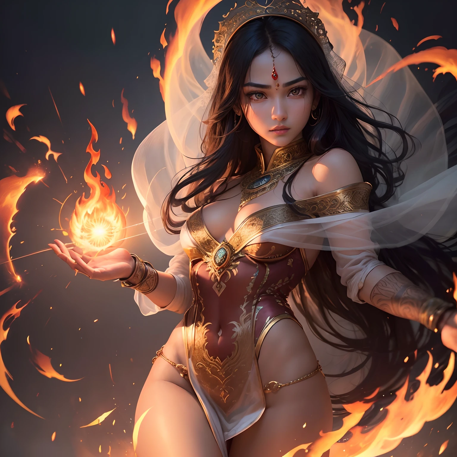 (Best Quality,Ultra-detailed,Realistic:1.37)、Indian cursers attack with flame magic、An 18-year-old woman、(Sharp eyes:1.5)、Aggressive look、Stylish oriental costume、Brown-skinned、a light veil on the head,、Radiates flames from the palm of your hand、magic circles、Full body