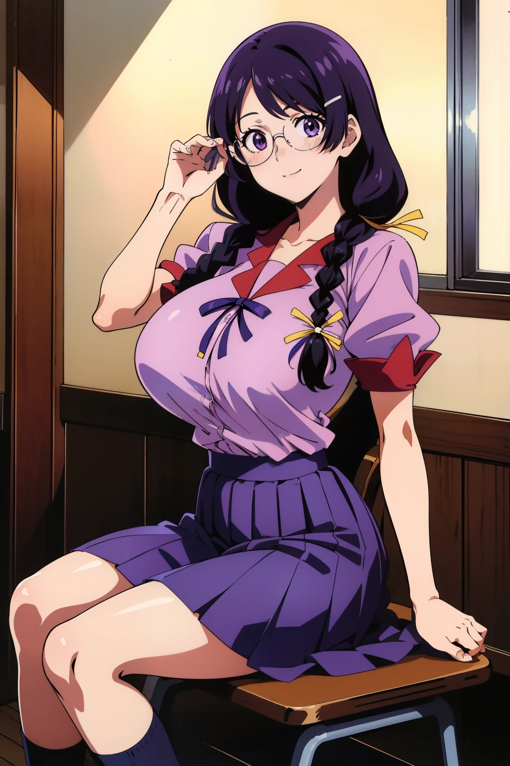 1990s anime cels style, 1990s manga style, best quality, high resolution, 1girl, (huge breasts:1.2), school uniform, skirt, school, blush, smile,  closed mouth, sitting, chair, hanekawa tsubasa, long hair, black hair, hair ornament, (purple eyes:1.1), braid, hairclip, twin braids, glasses,