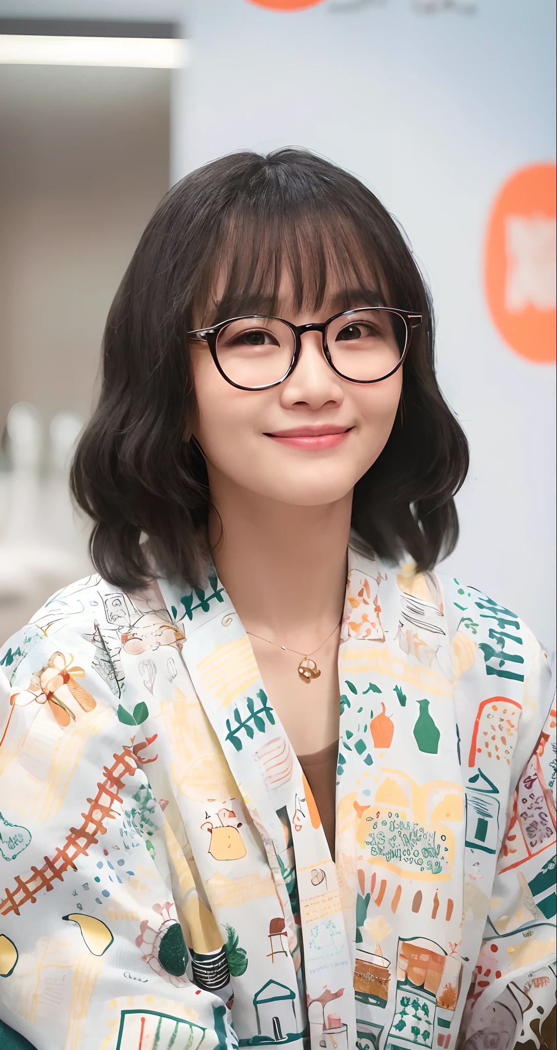 a close up of a woman wearing glasses and a colorful shirt, inspired by Kim Jeong-hui, jaeyeon nam, cute korean actress, with glasses, ruan jia beautiful!, lee ji - eun, lee ji-eun, wearing small round glasses, park ji-min, heonhwa choe, hwang se - on, wearing thin large round glasses