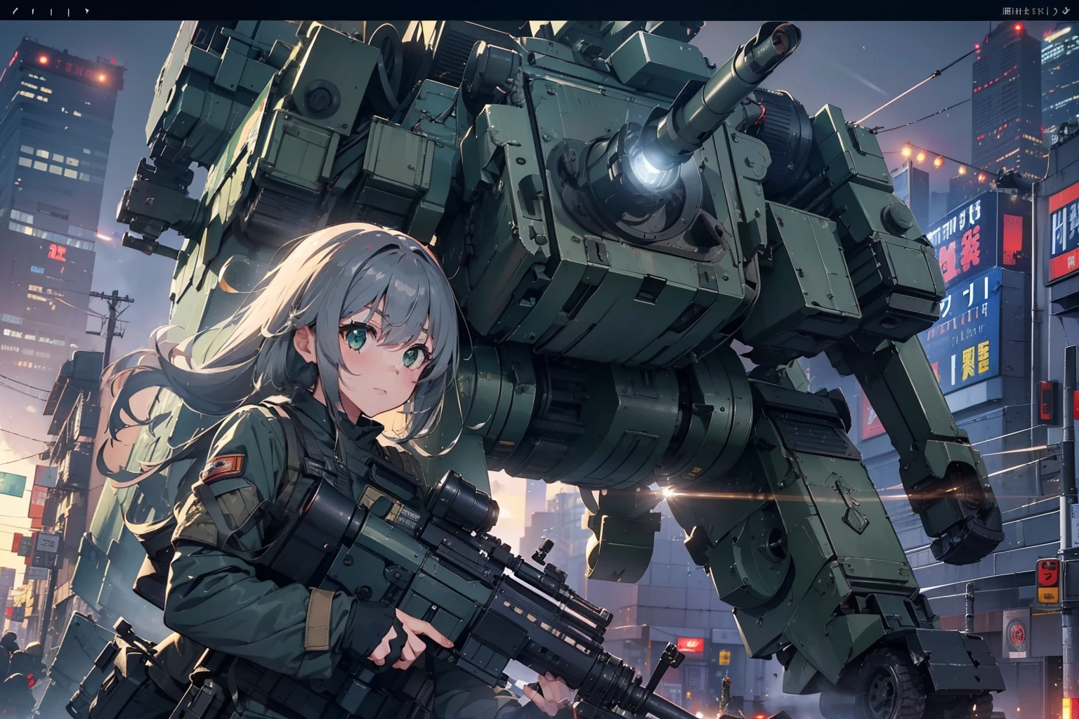 (One girl soldier sniping a huge military robot with anti-tank gun)、long eyelasher、Brush up、((​masterpiece、top-quality、extremely details CG、16k picture quality、Cinematographic lighting、lensflare))、Black combat uniform、Wide View、thick body、 Photorealsitic:1.4、long Brond Hair、green colored eyes、Have multiple weapons、Lahti L-39 anti-tank gun、direct light、Depth of field 35mm、Photographing rubble、F/1.8、Night footage、((Shinjuku at night where special forces fight))、(Sniping with anti-tank rifles)、Hyper-detailing、The wreckage of a giant robot