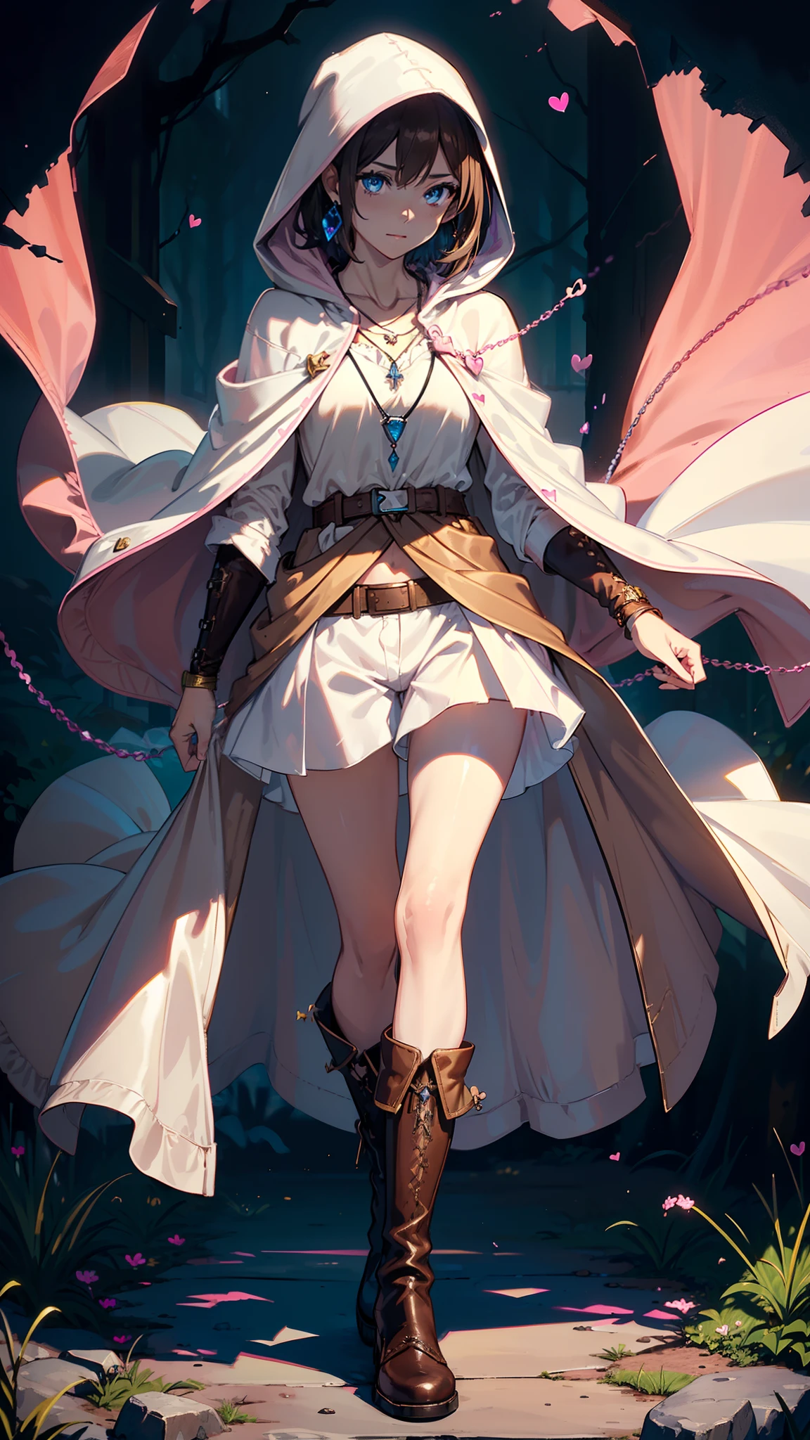 masutepiece, ultra-detailliert, 8K Portrait, Raw photo, a portrait photo of, Highly detailed face, beautiful and meticulous eyes, ((Fantasy)), Young beautiful,  girl, Light brown short hair, Kind face, Cute smile, adventurer, (((Hooded))) (((White silk long cape))) Fluttering in the wind, (((Brown Shirt Dresses))), (((Dark brown shorts))), ((Leather boots)), (((Pink Heart Necklace))), One-sided blue earrings, ((Single Sided Blue Jewel Bracelet)), Holding a bottle of maple syrup, Midday Sun, Hyper realistic, Body model, tiny chest, beutiful breast, Long legs, in a castle, Camera focus on face, Ambient lighting, Shadow details, strong breeze, Light fog