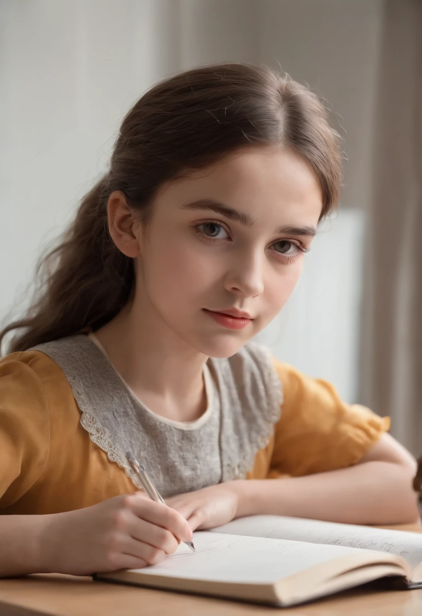 (best quality,4k,8k,highres,masterpiece:1.2),ultra-detailed,(realistic,photorealistic,photo-realistic:1.37),A young girl, about , sits at her desk in her bedroom. She is wearing a school uniform and has her hair tied back in a ponytail. She is focused on her homework, which is spread out in front of her. There is a poster of her favorite band on the wall behind her, some books and a lamp is on table in front of her, lamp is glowing softly, She is using a pencil to write in a notebook. The room is well-lit by a desk lamp. There is ,beautiful detailed eyes,beautiful detailed lips, extremely detailed eyes and face,,curly hair,focused expression,concentrating,intense concentration, magical pencil,glowing magical pencil,vivid colors,colorful pencils,and,table,sketching,new school,children,