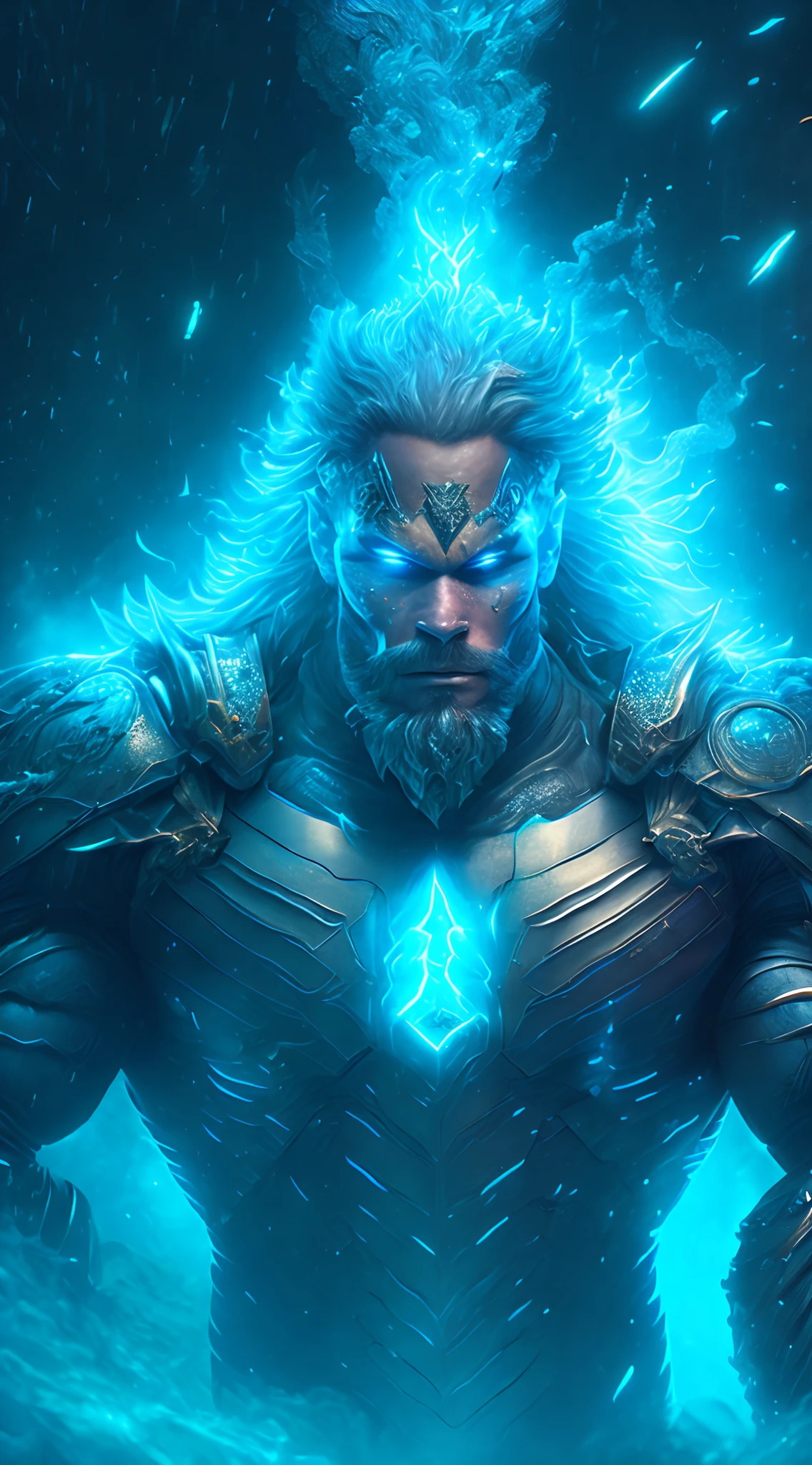 gloomy portrait of God Cyborg Aquaman from DC, extremely detailed, City underwater, nighttime, glowing neon lights, smoke, sparks, metal shavings, flying debris, blue energy effects, volumetric light, cowboy shot.