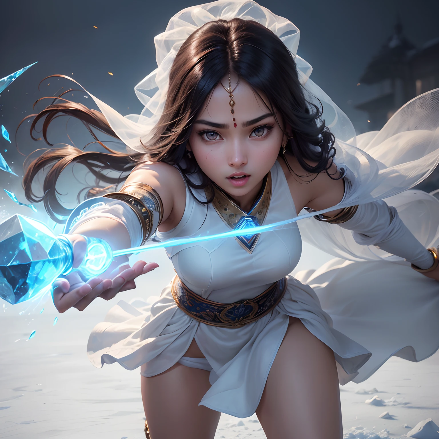 (Best Quality,Ultra-detailed,Realistic:1.37)、Indian cursers attack with ice magic、An 18-year-old woman、(Sharp eyes:1.5)、Aggressive look、Stylish oriental costume、Brown-skinned、Light veil on the head,、Radiate blocks of ice from the palm of your hand、magic circles、Full body