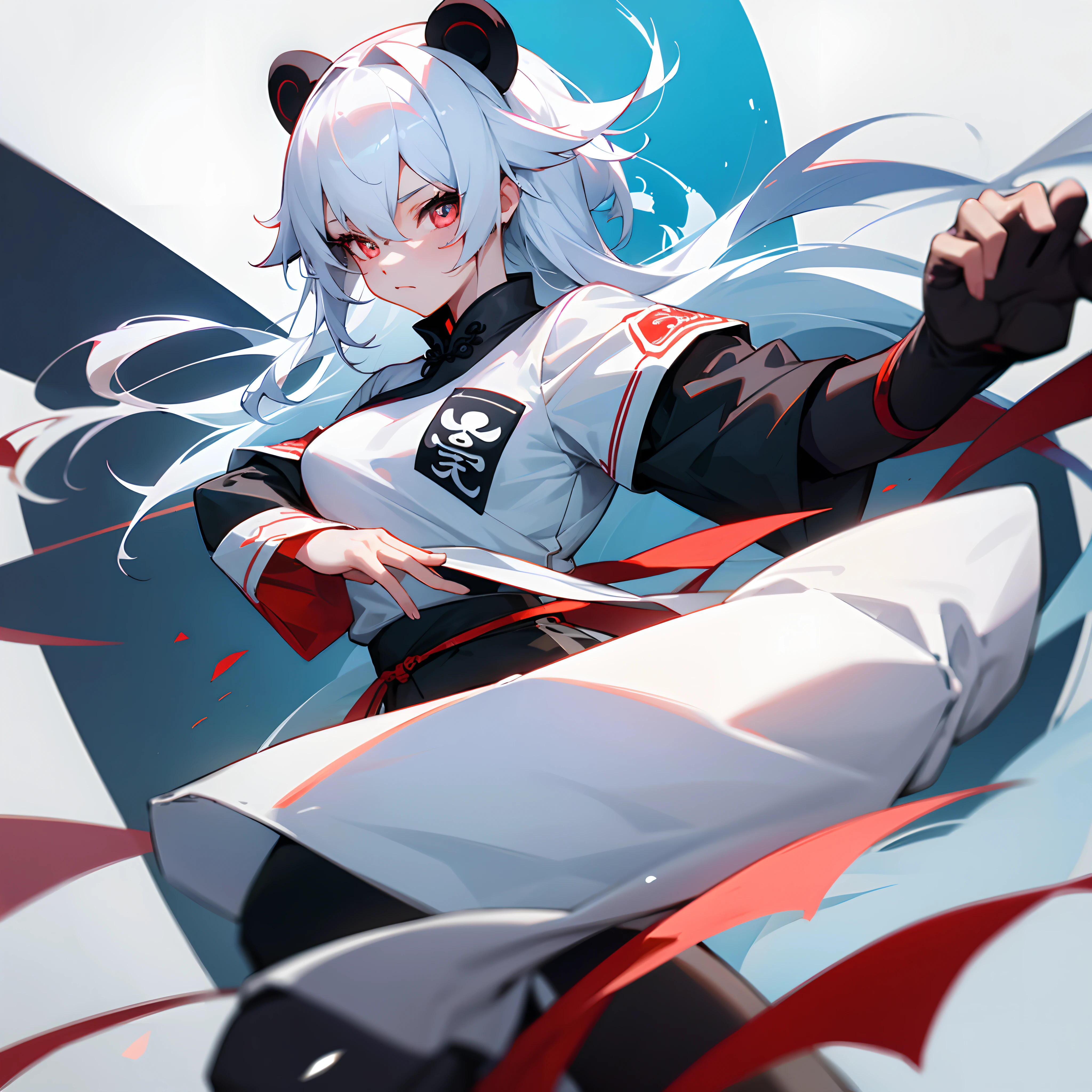 teens girl，panda ears，Chinese elements，Kungfu，mechanical sense，White combat uniform，Black and white hair，Black pupils，masks
