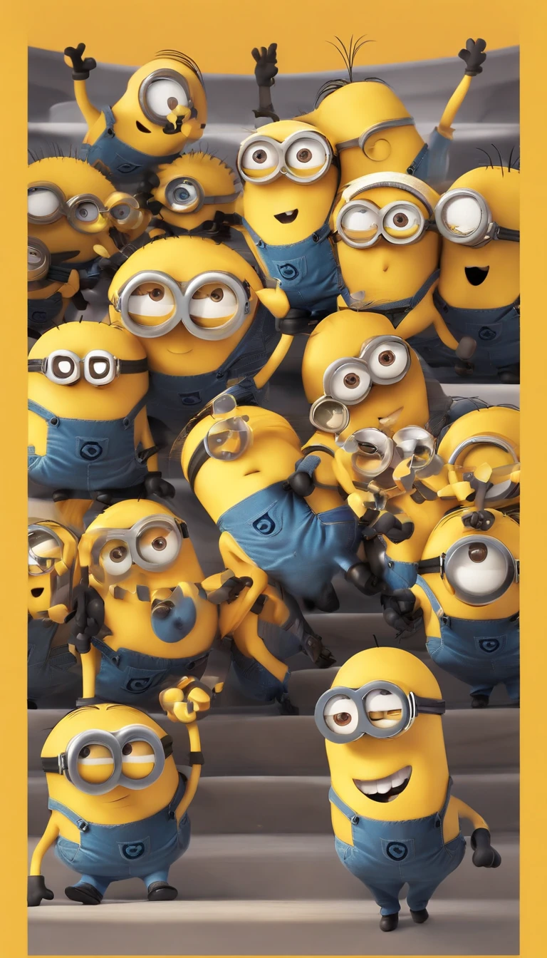 Minions dance with a girl anime stye [whimsical,fun,playful],happy,minimalist colors,soft lighting