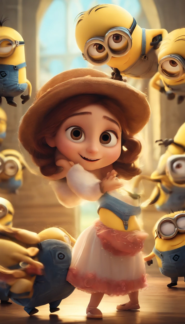 Minions dance with a girl anime stye [whimsical,fun,playful],happy,minimalist colors,soft lighting