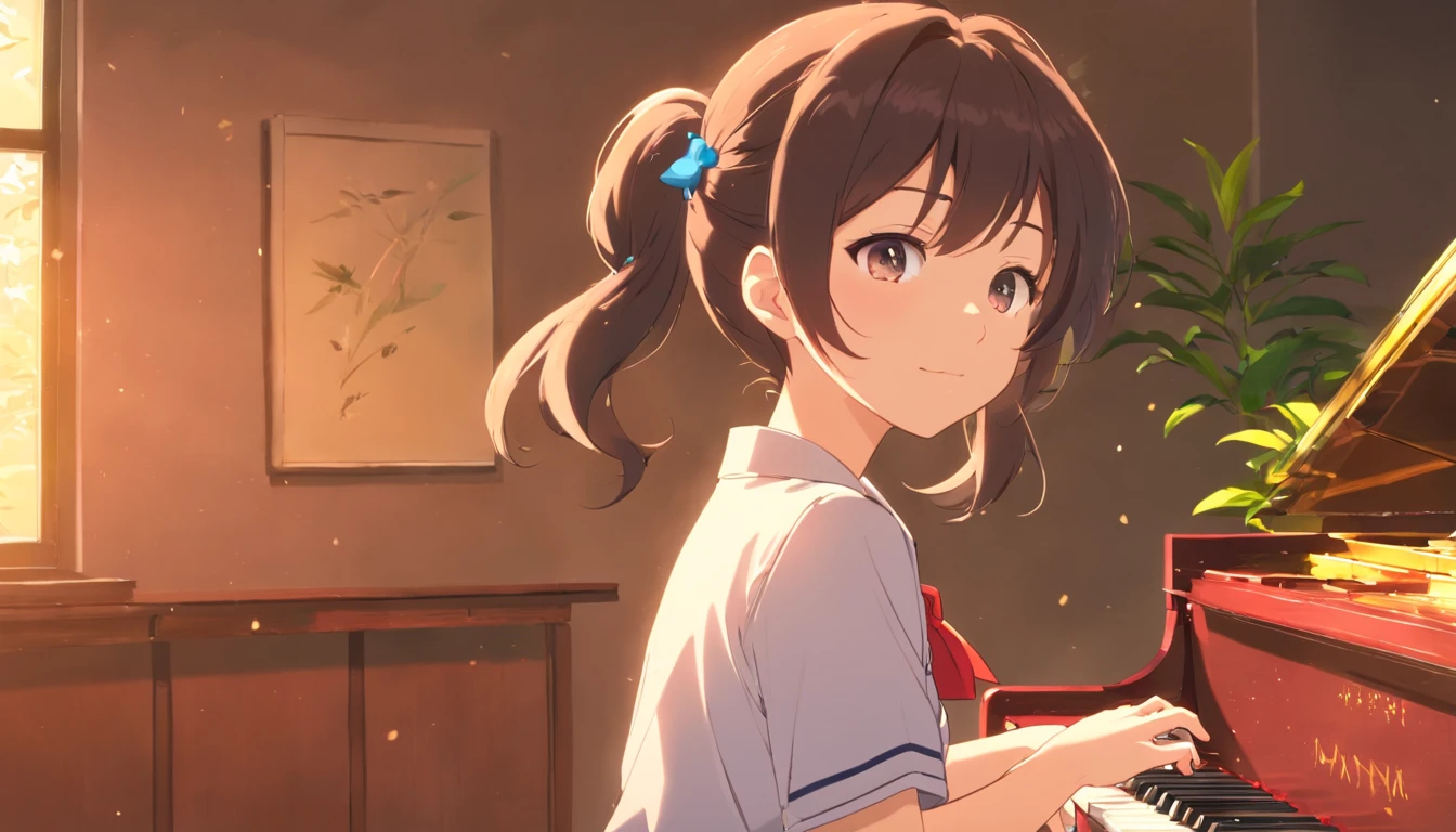 (masuter piece)、(best qualtiy)、(super detailing)、(well-groomed hair)、(illustratio)、(1girl in)、(detailedbackground)、Beautiful detailed eyes、Delicate beautiful face、(High color saturation)、Focus on the face、A dark-haired、bangss、movement、shorth hair、pixiv illustration、best qualtiy、super detailing、美丽的面容、4K、Clair、top-quality、beautidful eyes、Moist eyes、Blush cheeks、in 8K、piano、The Light Shines、Happy look、Extremely beautiful scenery、School room、playing piano、A refreshing breeze blows、Dynamism、A dark-haired、Happy look、a sailor suit、Looking at the camera、Fluttering hair、Very nice composition、An ultra-high picture quality、Great performance、Piano performance、the wind、a grand piano、poneyTail、fun look、ultra-quality、shortsleeves、