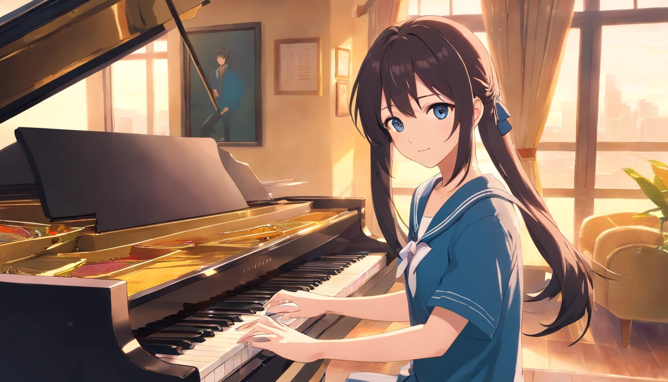 (masuter piece)、(best qualtiy)、(super detailing)、(well-groomed hair)、(illustratio)、(1girl in)、(detailedbackground)、Beautiful detailed eyes、Delicate beautiful face、(High color saturation)、Focus on the face、A dark-haired、bangss、movement、shorth hair、pixiv illustration、best qualtiy、super detailing、美丽的面容、4K、Clair、top-quality、beautidful eyes、Moist eyes、Blush cheeks、in 8K、piano、The Light Shines、Happy look、Extremely beautiful scenery、School room、playing piano、A refreshing breeze blows、Dynamism、A dark-haired、Happy look、a sailor suit、Looking at the camera、Fluttering hair、Very nice composition、An ultra-high picture quality、Great performance、Piano performance、the wind、a grand piano、poneyTail、fun look、ultra-quality、shortsleeves、