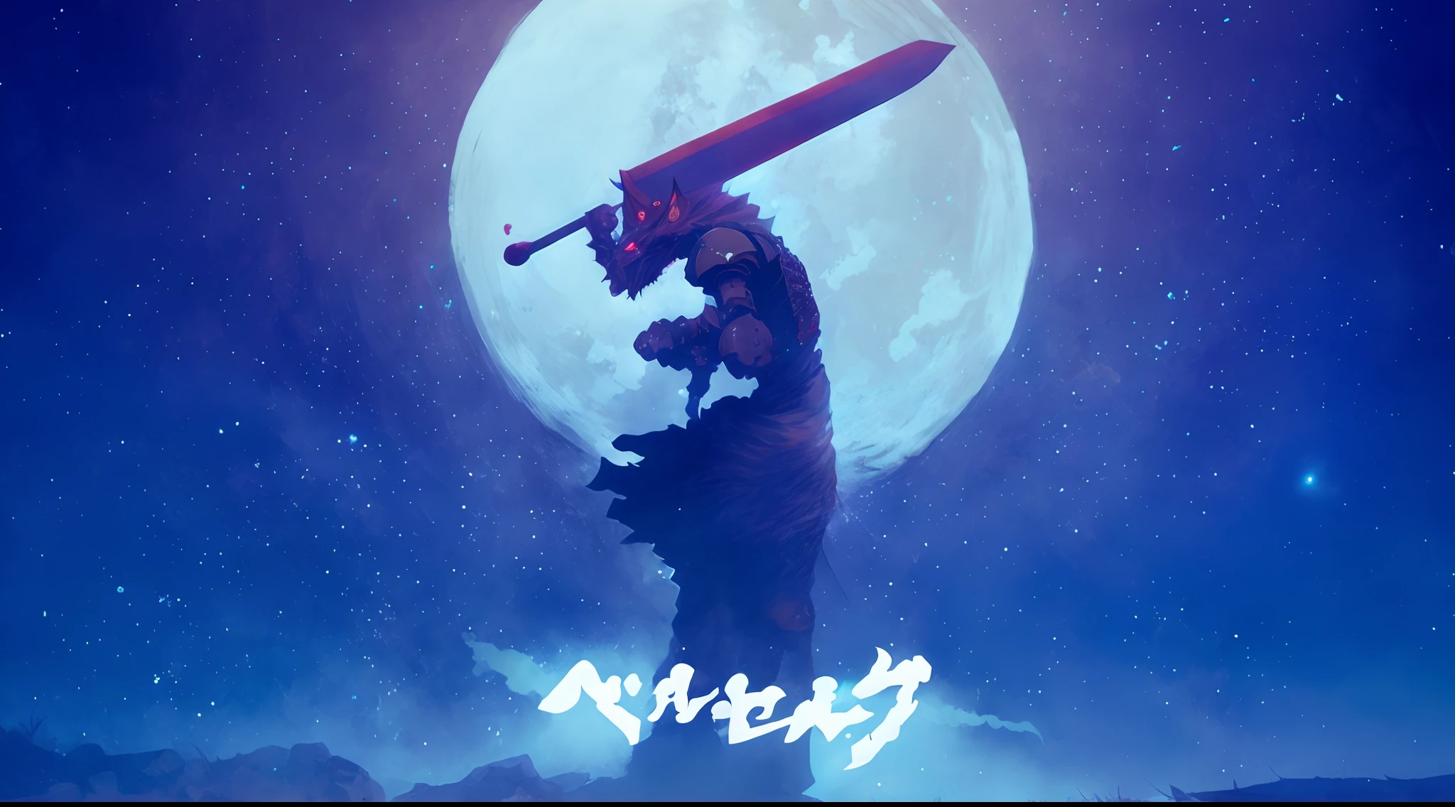 There's a wolf-headed mech, olhos vermelhos intensos, segurando uma grande espada larga reta em uma rocha, Estilo de arte Berserk, arte chave, arte oficial, estilo sword art online, estilo evangelion, estilo mononoke, arte oficial altamente detalhada, samurai da lua, capa de arte, 4 k manga wallpaper, capa de anime, capa do jogo, Guweiz, anime poster, cartaz do jogo, Estilo de Arte Dark Souls, arte chave do anime, lua no fundo iluminando a cena em contraste a silhueta do personagem