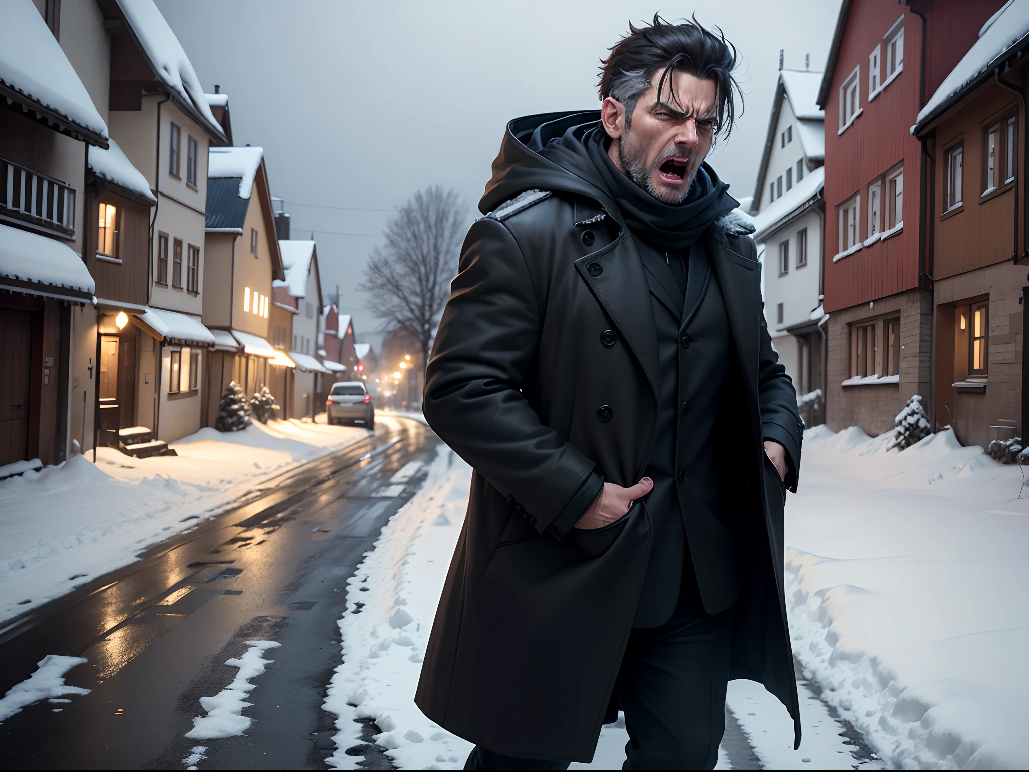 8k realistic image of a 45 year old man, wearing a black coat, with a cast on his arm, angry and screaming, standing on a sidewalk in a small German county, snowy, anime style art