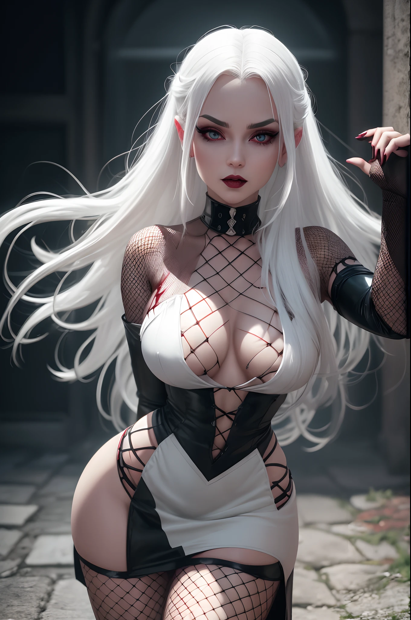 Vampire woman, vampire fangs, (blood on her chin), (white hair), (thick dress), (master piece), (on her knees), (bareback), (long hair), perfect body, (fishnets:1.3), (ultra realistic eyes), (detailed face), DSLR photography, sharp focus, Unreal Engine 5, Octane Render, Redshift, (cinematic lighting), 8K, RAW, unedited, symmetrical balance, in-frame, symmetrical face, symmetrical body, symmetric hands.
