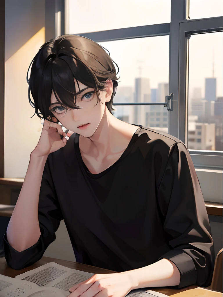 18 years old, boy, black hair, blue eyes, indifferent, looking at the nearing dusk from the window, sitting inside of an classroom,