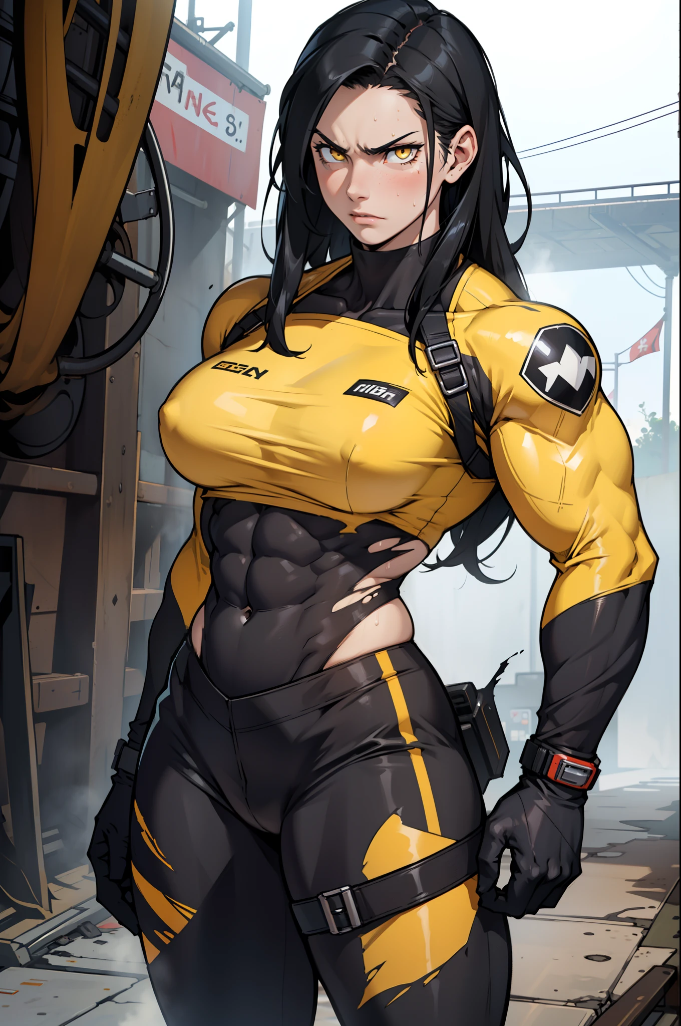 black hair, yellow eyes, solo, sweaty, shiny skin, angry, pale skin, ((((((muscular, 1girl)))))), curvy, thin waist, very long hair, cowboy shot, sweaty, perky breasts, pilot suit, torn clothes