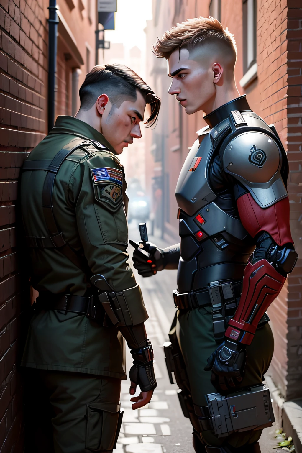 In a future war,A soldier with a robotic arm in his left hand,In front of a red brick wall,Killed an ordinary human