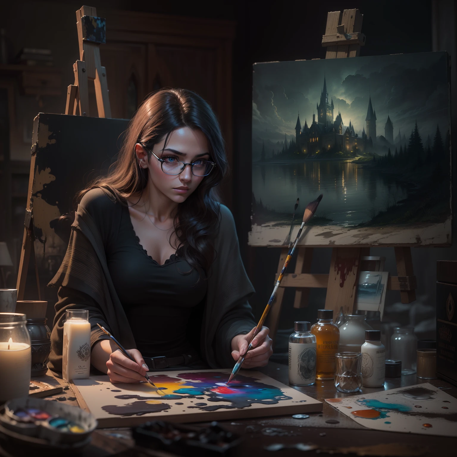 (best quality,4k,8k,highres,masterpiece:1.2),ultra-detailed,(realistic,photorealistic,photo-realistic:1.37),portraits,detailed eyes,detailed lips,long eyelashes,beautiful woman with glasses,black shoulder length hair,stunning facial features,creative atmosphere,art studio,easel,paint brush,spooky castle,haunting atmosphere,gloomy lighting,atmospheric ambiance,deep shadows,dark colors,mysterious aura,impressive details,painted acrylic paint bottle, watercolor box, paint brushes, pallet, talent,professional artist,passionate expression,inspiration,masterpiece,painting technique,creative process,focused,concentration.