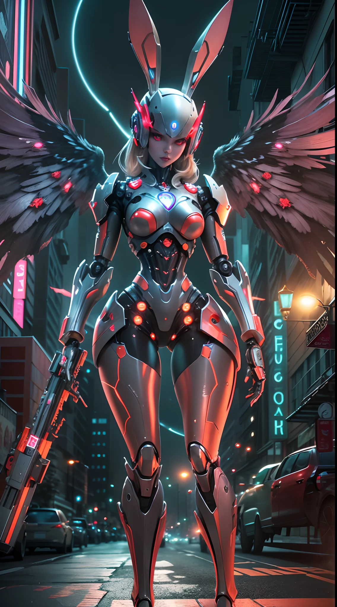 Long-range shots，Topic prompts "Atomic heart, robot，Wings,Rabbit ears"，Shiny metal skin,[Mechanical body parts,Mechanical limb]，high-heels。nigth,[The center of the picture，frontage]，(which stands on the street)。[Science fiction art style],Vibrant colors,High-res,Ultra-detailed,Realistic lighting effects.