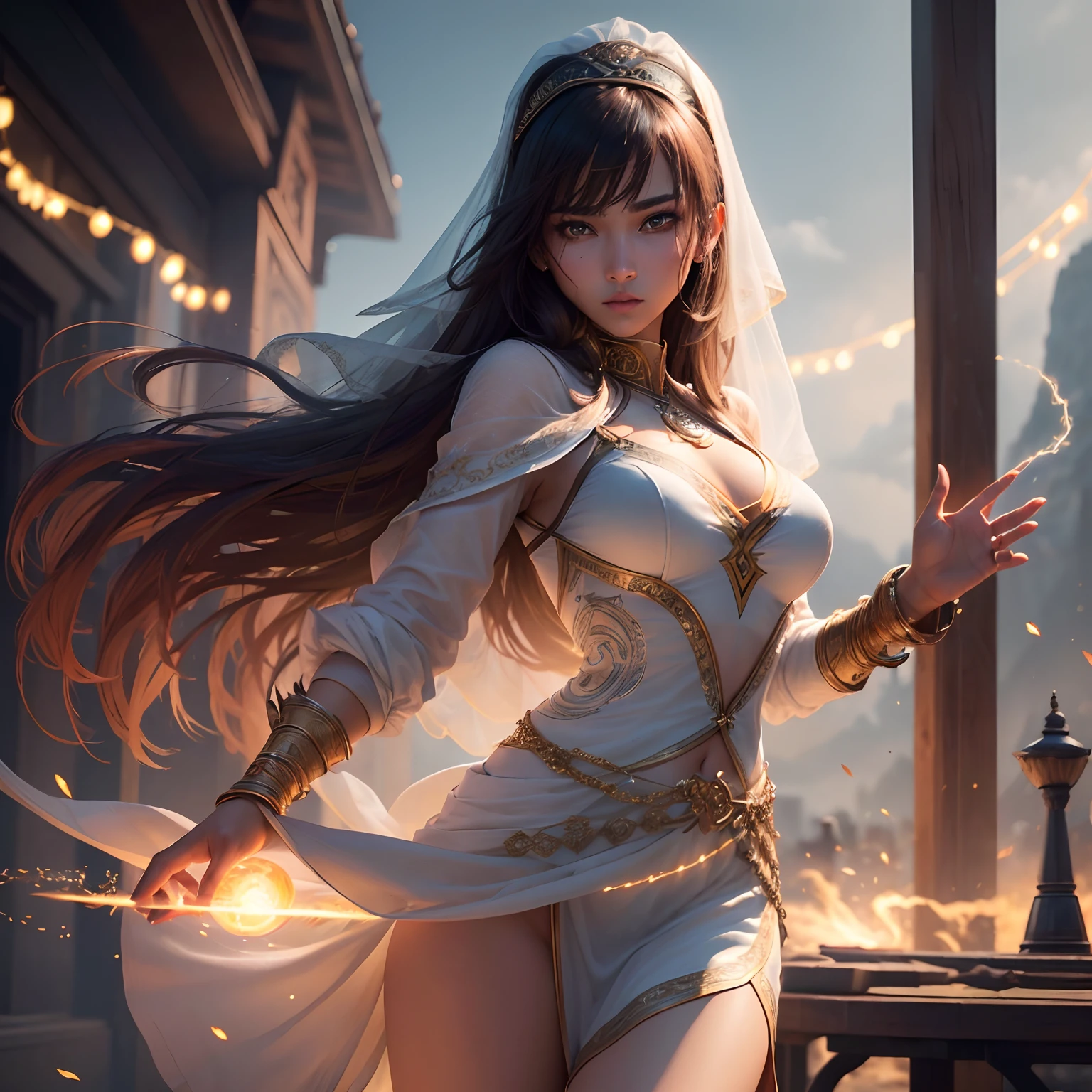 (Best Quality,Ultra-detailed,Realistic:1.37)、Indian curser attacks with lightning magic、An 18-year-old woman、(Sharp eyes:1.5)、Aggressive look、Stylish oriental costume、Brown-skinned、Light veil on the head,、Unleash lightning from the palm of your hand、magic circles、Full body