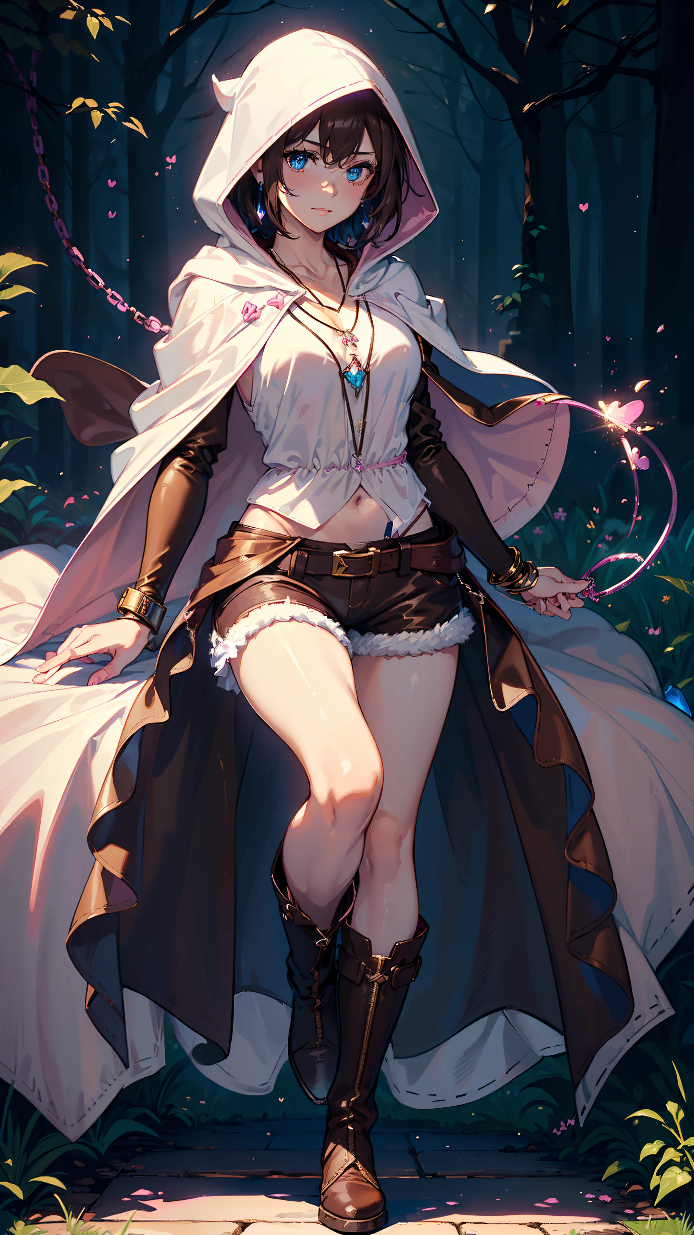masutepiece, ultra-detailliert, 8K Portrait, Raw photo, a portrait photo of, Highly detailed face, beautiful and meticulous eyes, ((Fantasy)), Young beautiful, girl, Light brown short hair, Kind face, Cute smile, adventurer, (((Hooded))) (((White silk long cape))) Fluttering in the wind, (((Brown Shirt Dresses))), (((Dark brown shorts))), ((Leather boots)), (((Pink Heart Necklace))), One-sided blue earrings, ((Single Sided Blue Jewel Bracelet)), Holding a bottle of maple syrup, Midday Sun, Hyper realistic, Body model, tiny chest, beutiful breast, Long legs, in a castle, Camera focus on face, Ambient lighting, Shadow details, strong breeze, Light fog