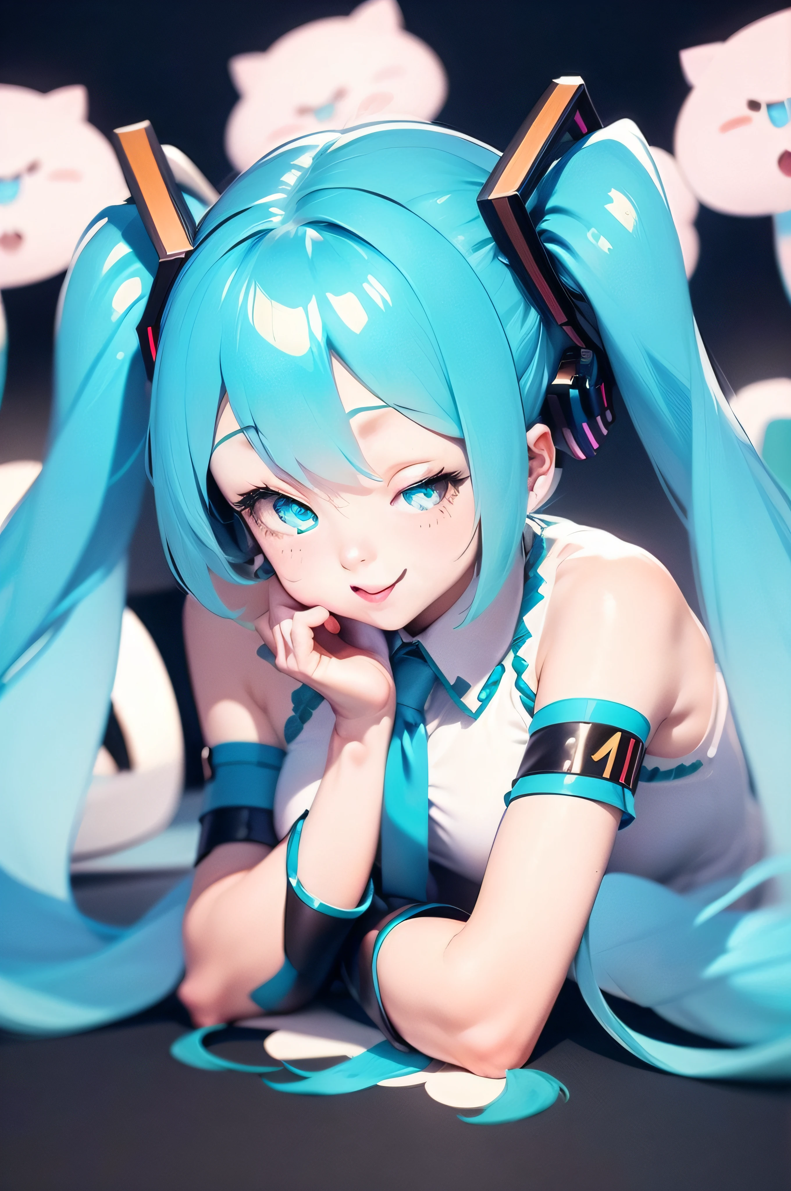 (masterpiece, intricate details), 1girl, mature female, idea _face, BREAK hatsunemiku, (Hatsune Miku, glowing eyes), , miku hatsune, ahoge, aqua eyes, aqua hair, crossed bangs, hair between eyes, hair ornament, headphones, long hair, twintails,