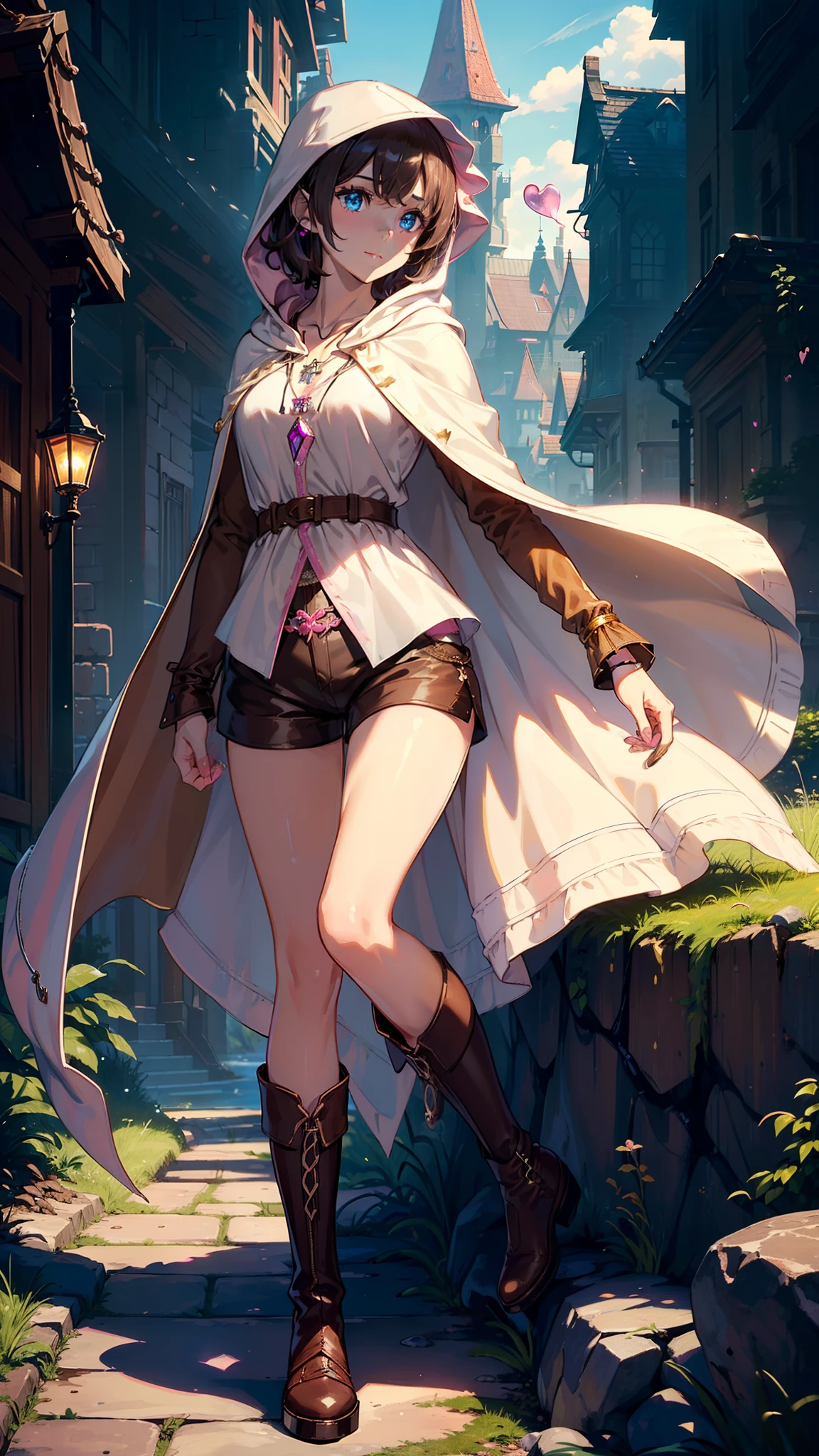 masutepiece, ultra-detailliert, 8K Portrait, Raw photo, a portrait photo of, Highly detailed face, beautiful and meticulous eyes, ((Fantasy)), Young beautiful, 17 year old girl, Light brown short hair, Kind face, Cute smile, adventurer, (((Hooded))) (((White silk long cape))) Fluttering in the wind, (((Brown Shirt Dresses))), (((Dark brown shorts))), ((Leather boots)), (((Pink Heart Necklace))), One-sided blue earrings, ((Single Sided Blue Jewel Bracelet)), Holding a bottle of maple syrup, Midday Sun, Hyper realistic, Body model, tiny chest, beutiful breast, Long legs, in a castle, Camera focus on face, Ambient lighting, Shadow details, strong breeze, Light fog