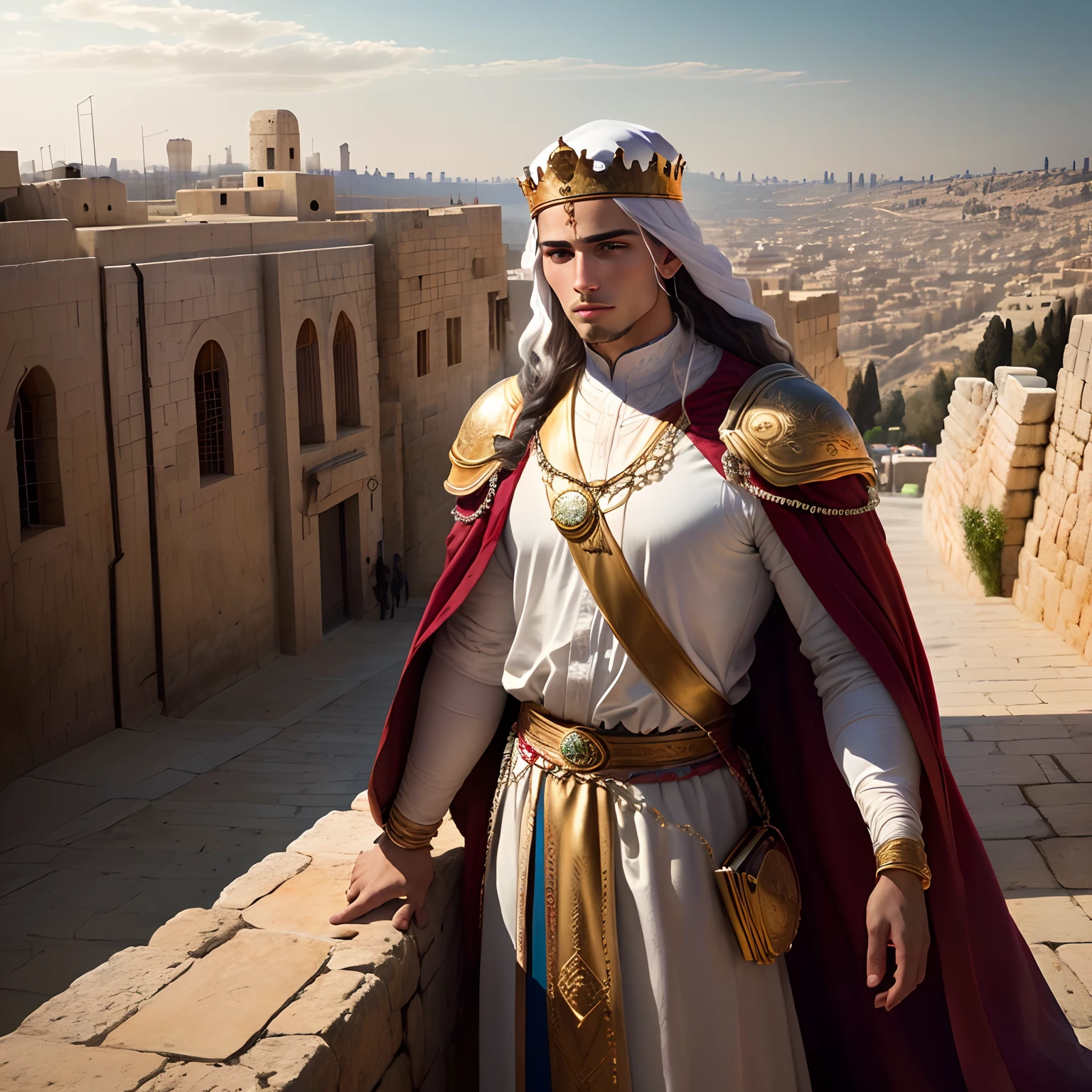 An image of King Solomon as a young man inside the city of Jerusalem being watched over the city, realista, Biblical times, cinematic
