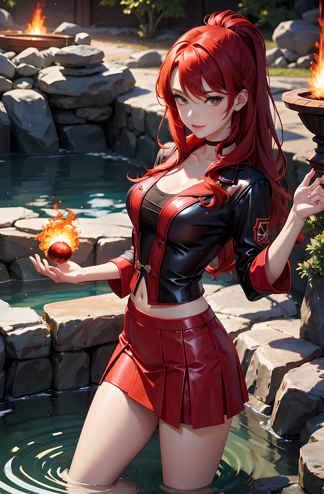 a sexy red-haired witch wearing a red skirt and high fantasy shirt making a fireball with her hands at a hot spring