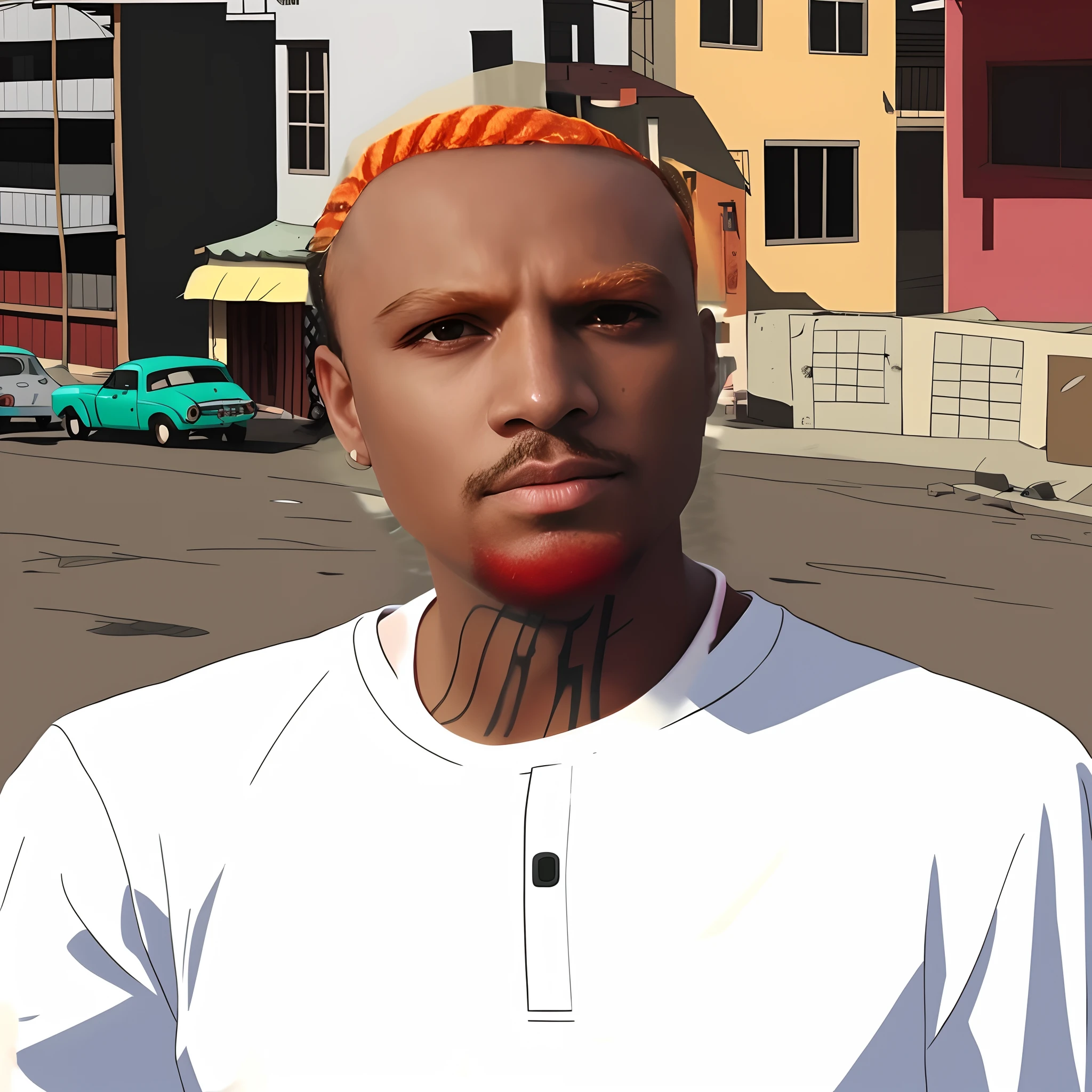Transformar toda a foto em estilo cartum, estilo anime , personagem estilo anime em uma favela estilo anime ,com carros ,rua ,casas ,de favela estilo Brasil