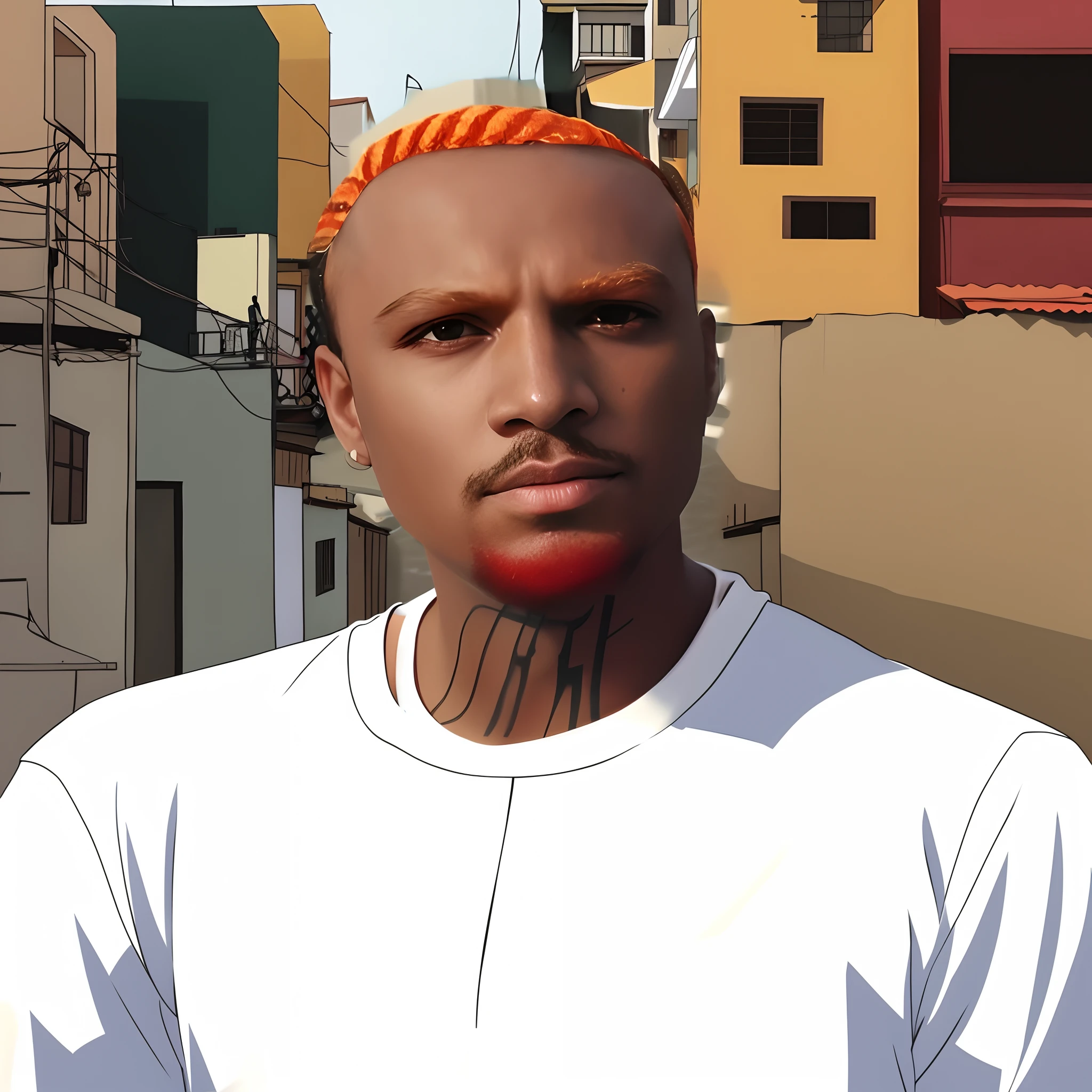 Transformar toda a foto em estilo cartum, estilo anime , personagem estilo anime em uma favela estilo anime ,com carros ,rua ,casas ,de favela estilo Brasil