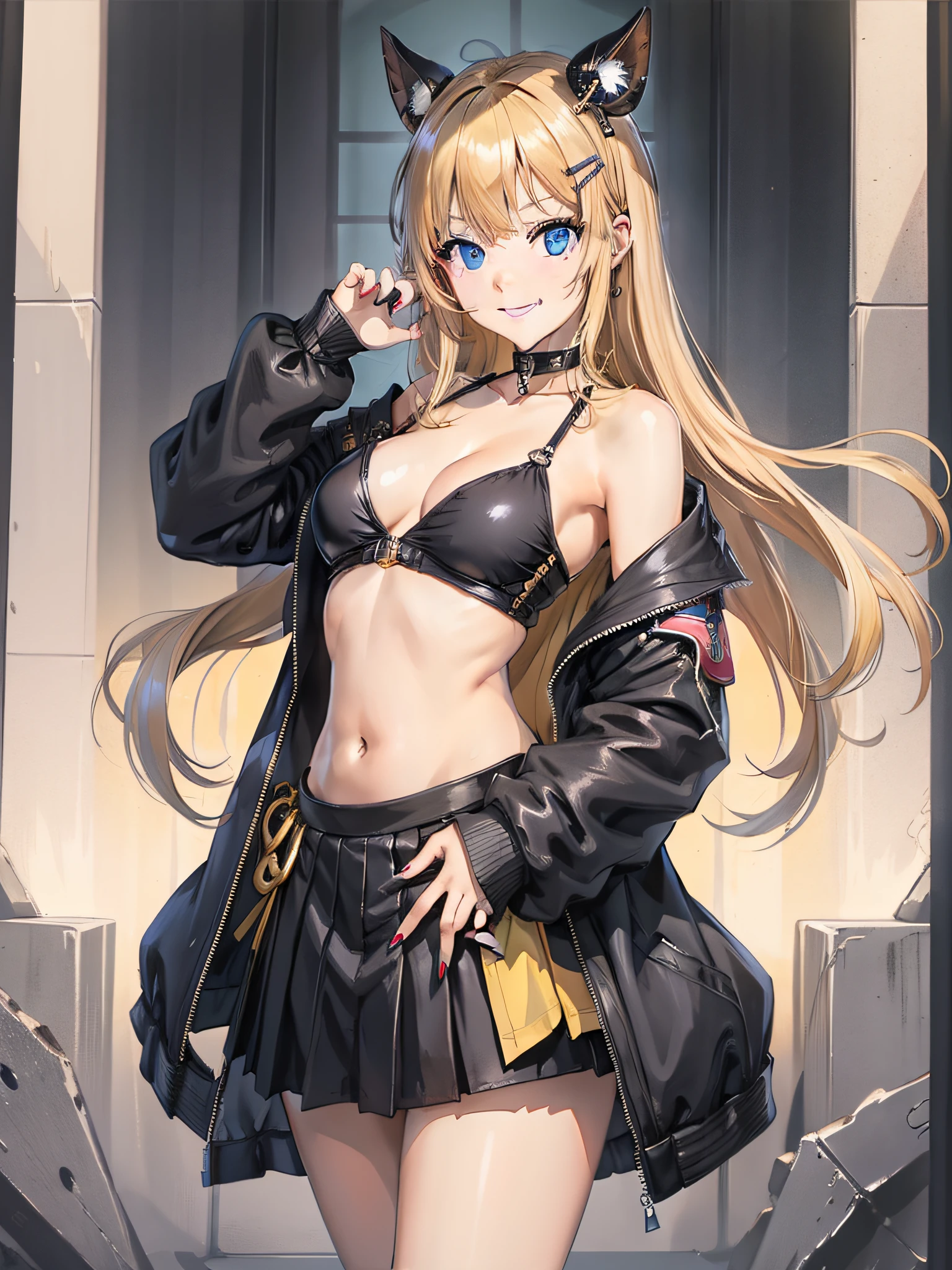 kayahara, 1girl, solo, blue eyes, jacket, smile, hair ornament, looking at viewer, breasts, bare shoulders, bangs, hairclip, off shoulder, sleeveless, skirt, black jacket, hand on hip, open jacket, cowboy shot, v, nail polish, open clothes, blonde hair, blue nails, grin, black skirt, long sleeves, yellow nails, jewelry