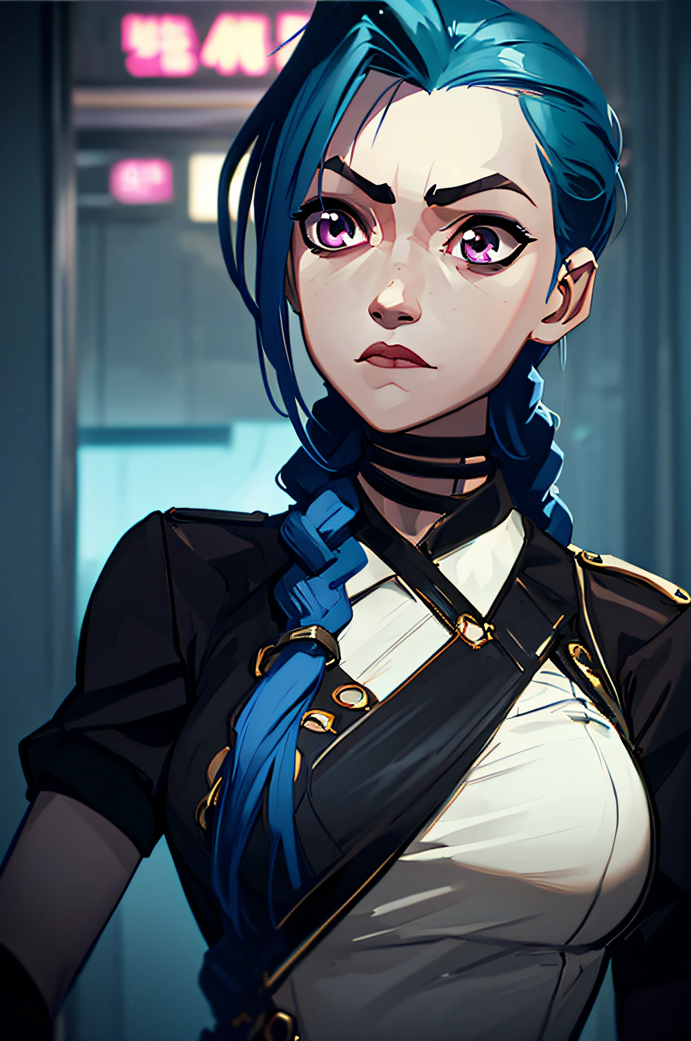 (masterpiece, best quality), 1girl, beautiful face, makima, shirt, braid, braided ponytail, collared shirt, white shirt, necktie ,red purple eyes, Jinx weint vor der Kamera, Blaue Wolke Tattoo, (Meisterwerk, best quality), Seitliche Beleuchtung, beautiful detailed eyes, sad face), (best quality), (Meisterwerk), Magische Fotografie, Dramatische Beleuchtung, Fotorealismus, Ultra-detailliert, intimate portrait composition, Leica 50mm, Formel 1. 4,8K UHD, DSLR, aesthetic, 64 Tsd., hight resolution, 8K, Beste Ausleuchtung, Bester Schatten, Ultra-HD, hight resolution, Scharfer Fokus, Komplizierter Hintergrund, Filmische Beleuchtung, ((Landschaftsansicht)), 4K-Einheit, (Beste Ausleuchtung), ((Filmische Beleuchtung)),