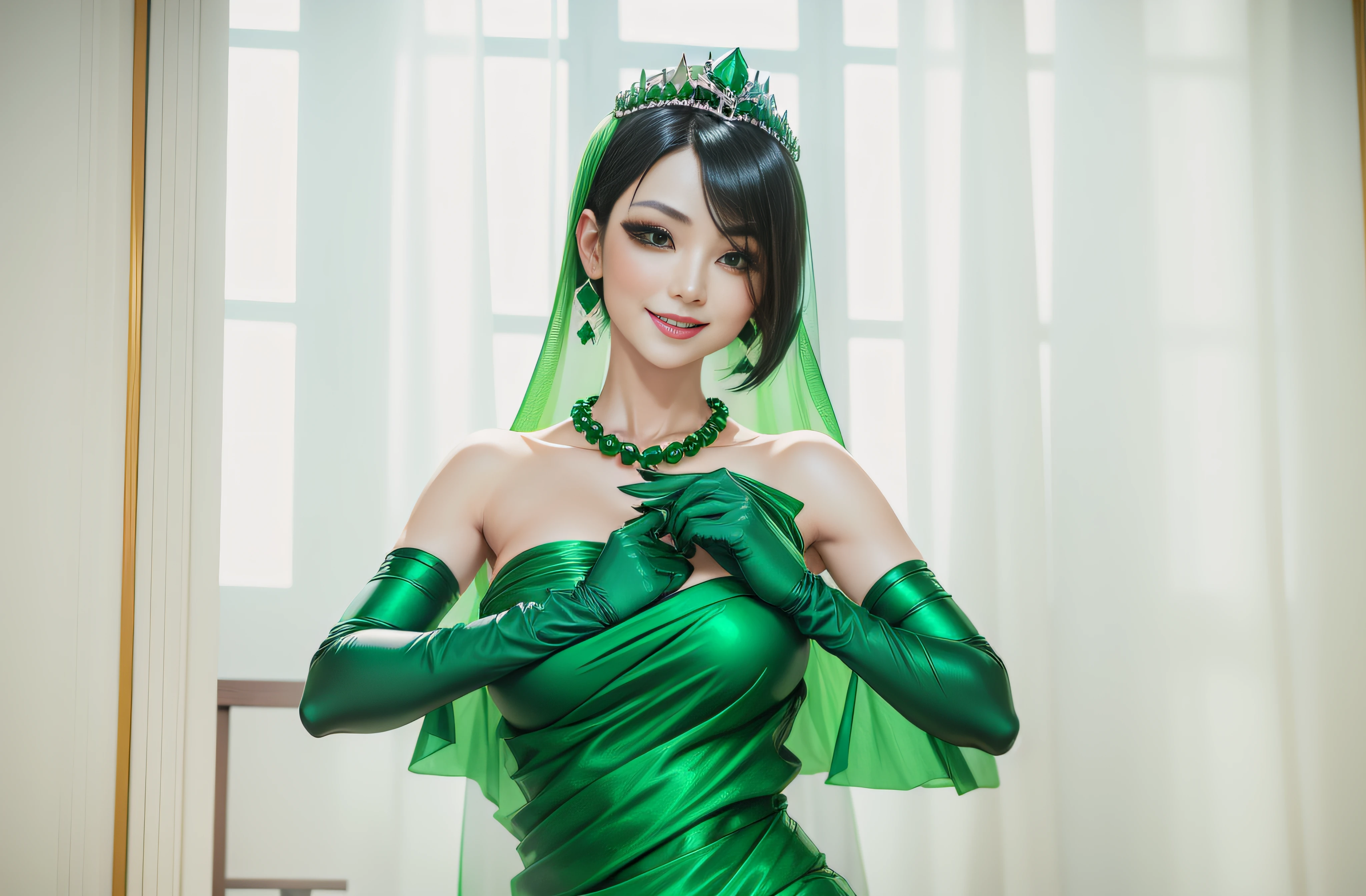 Boyish very short black hair, lipsticks, Japan woman smiling, Green Long Grove, Emerald Tia boyish very short black hair, lipsticks, Japan woman smiling, Satin green long gloves, emerald tiara, Green Pearl Necklace, verd s eyes, Green eyes, Long green gloves made of satin material, big breasts beautiful, Green Bridal Veil