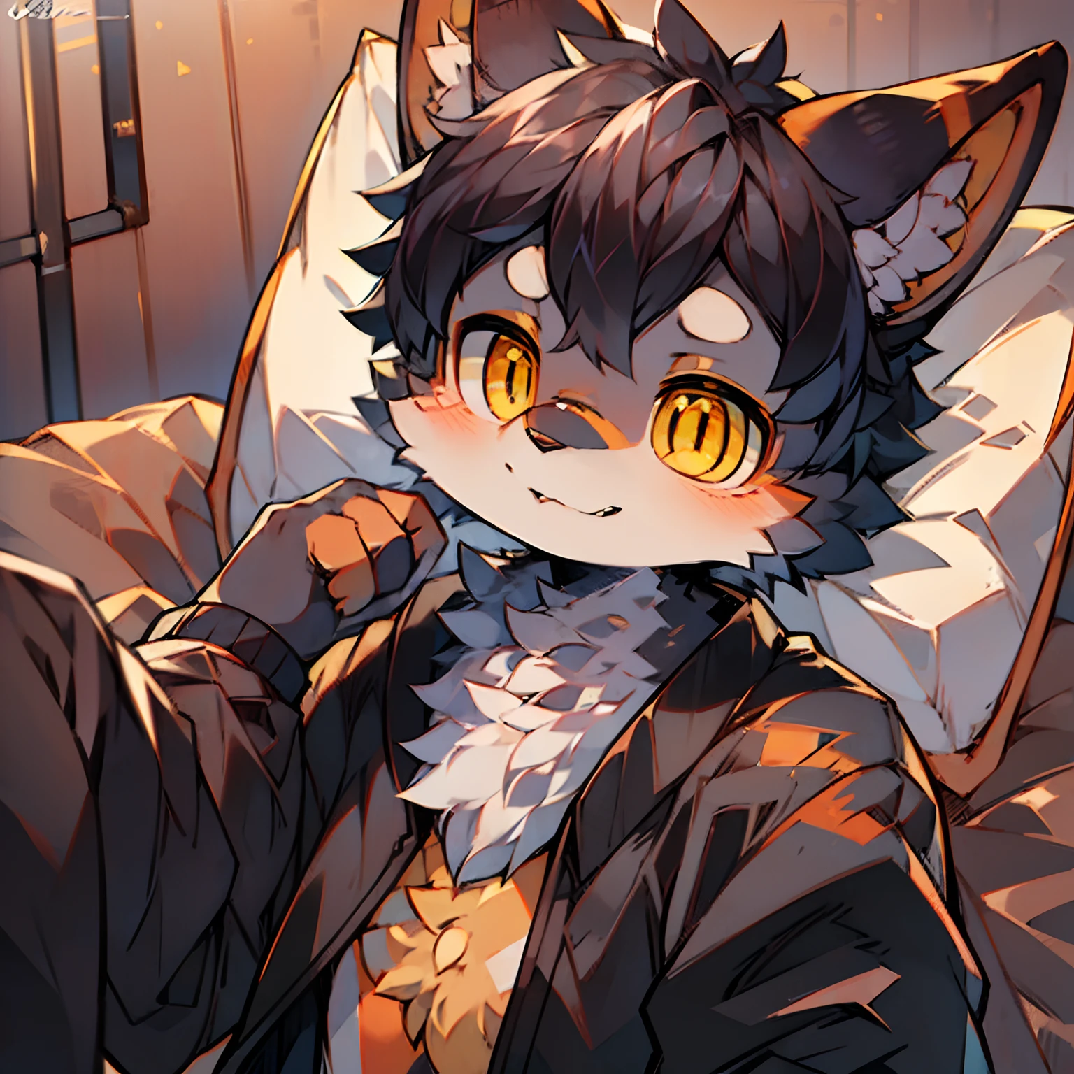 (in high definition with HD texture,High quality production line)with black curled hair+(Orange-yellow pupils),bedroom background,Black pajamas,Furry appearance,Cute sleepy-eyed,Desire to fall asleep,Playful expression。